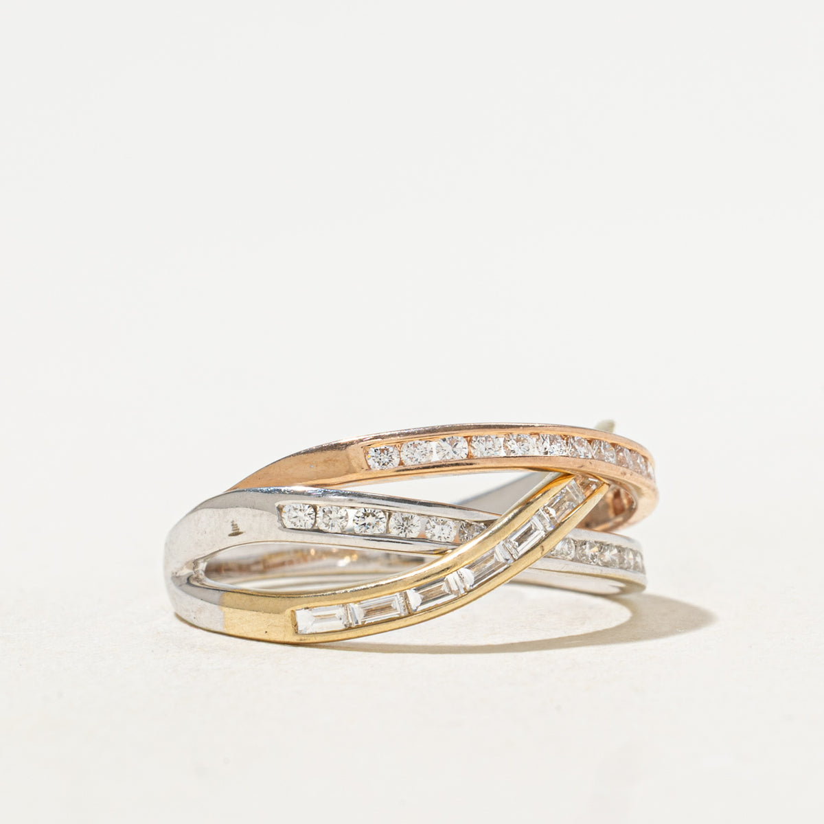 14k Tri Tone Multi Row Diamond Cross Over Ring | 0.37ctw | SZ 7