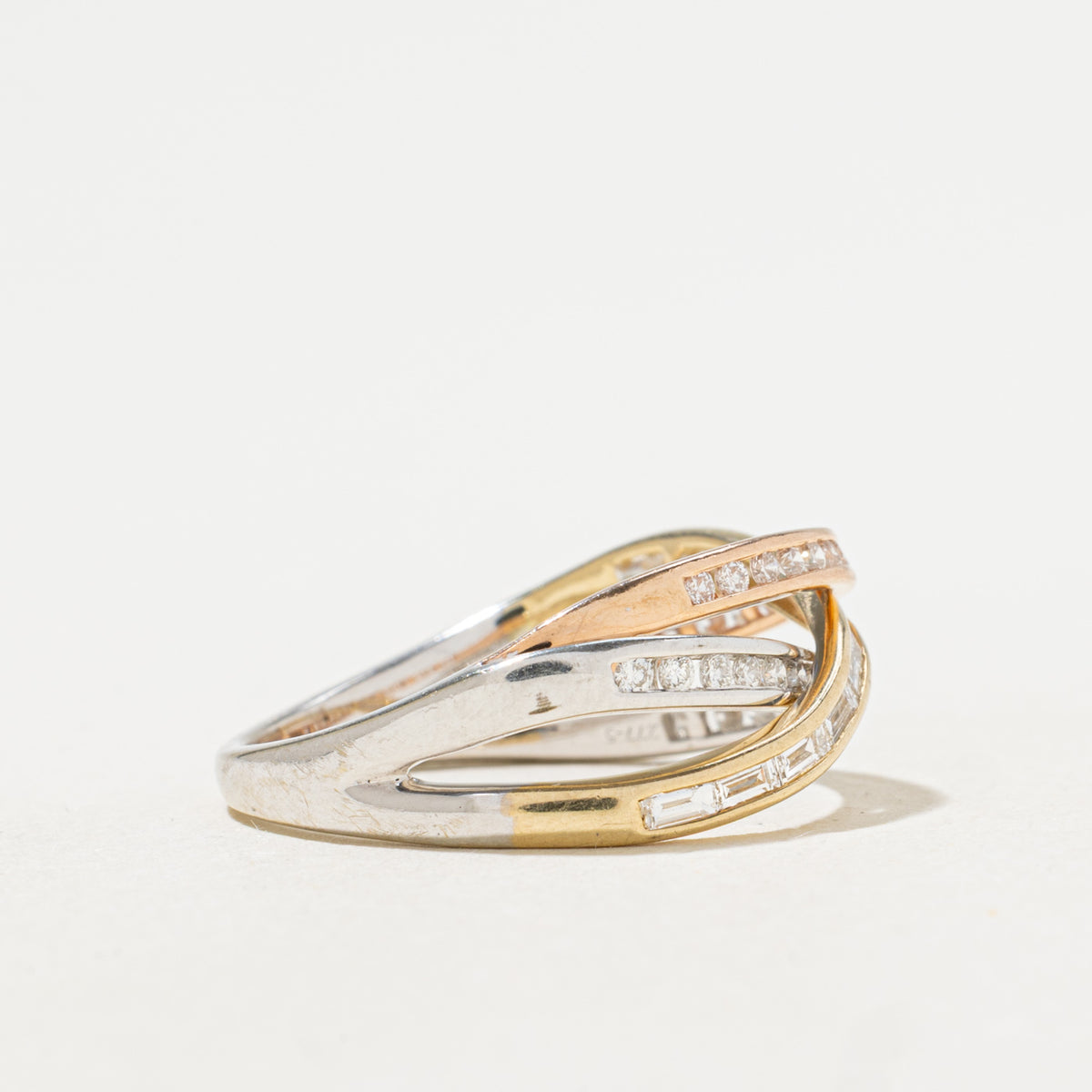 14k Tri Tone Multi Row Diamond Cross Over Ring | 0.37ctw | SZ 7