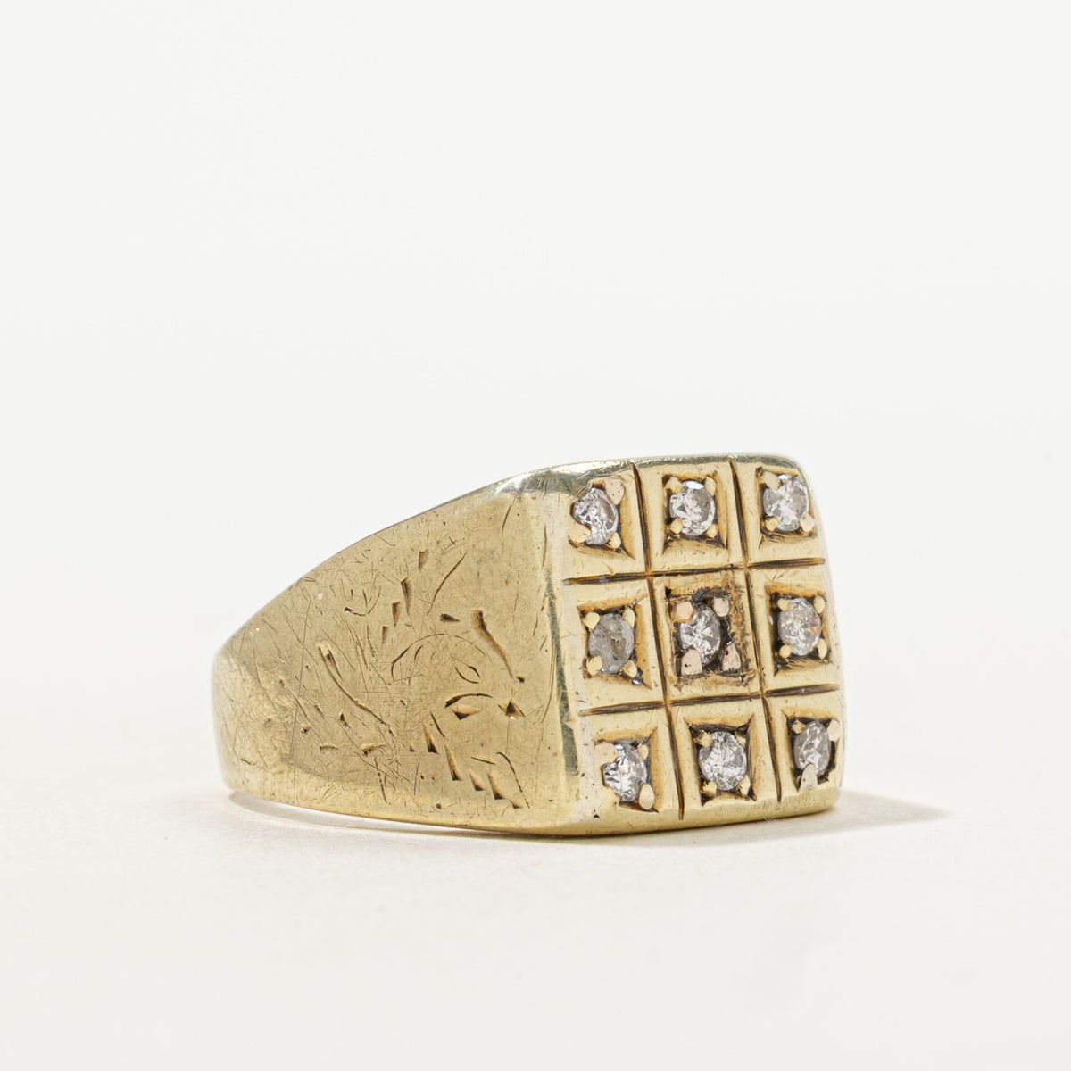 13k Diamond Grid Engraved Signet Ring | 0.18ctw | SZ 6.5