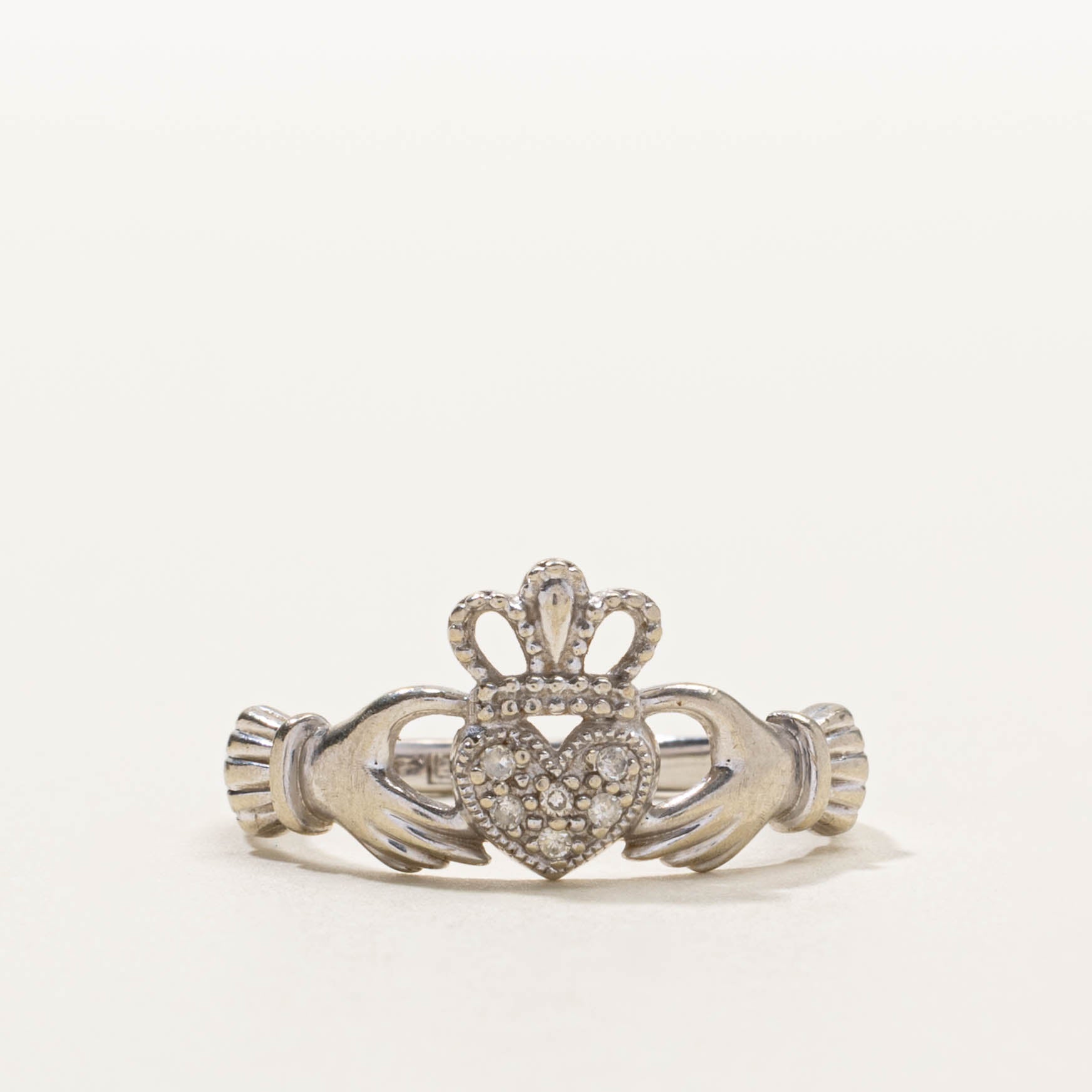10k White Gold Claddagh Diamond Ring | SZ 7