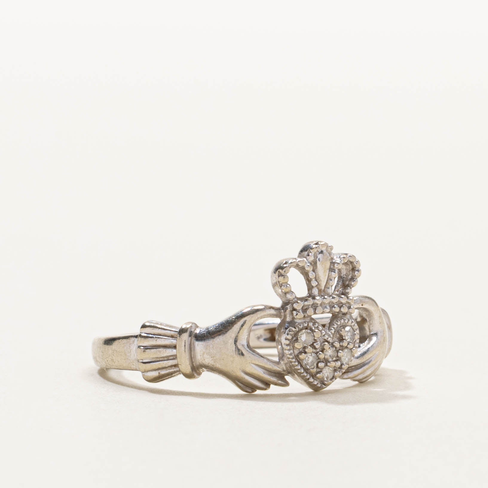 10k White Gold Claddagh Diamond Ring | SZ 7