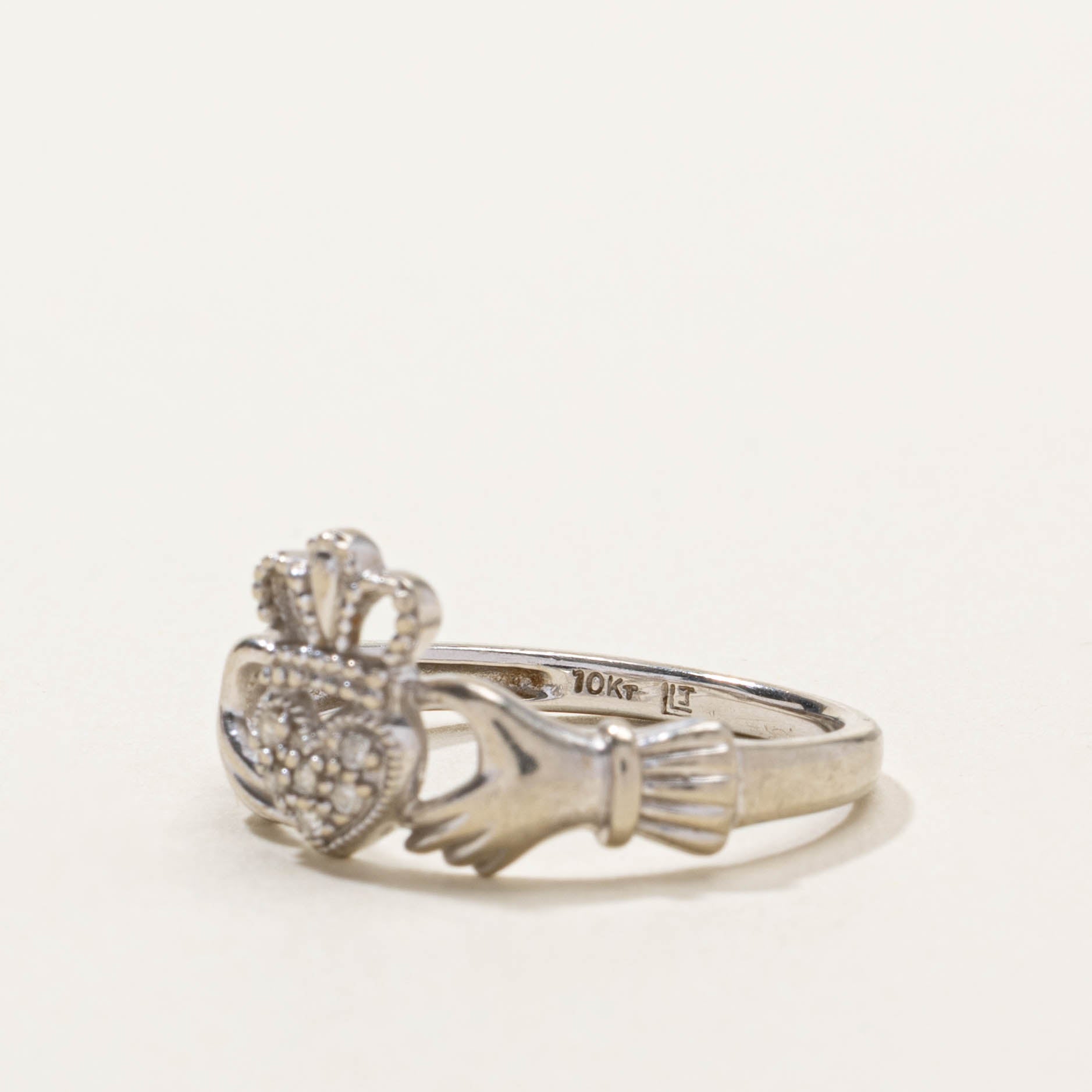 10k White Gold Claddagh Diamond Ring | SZ 7