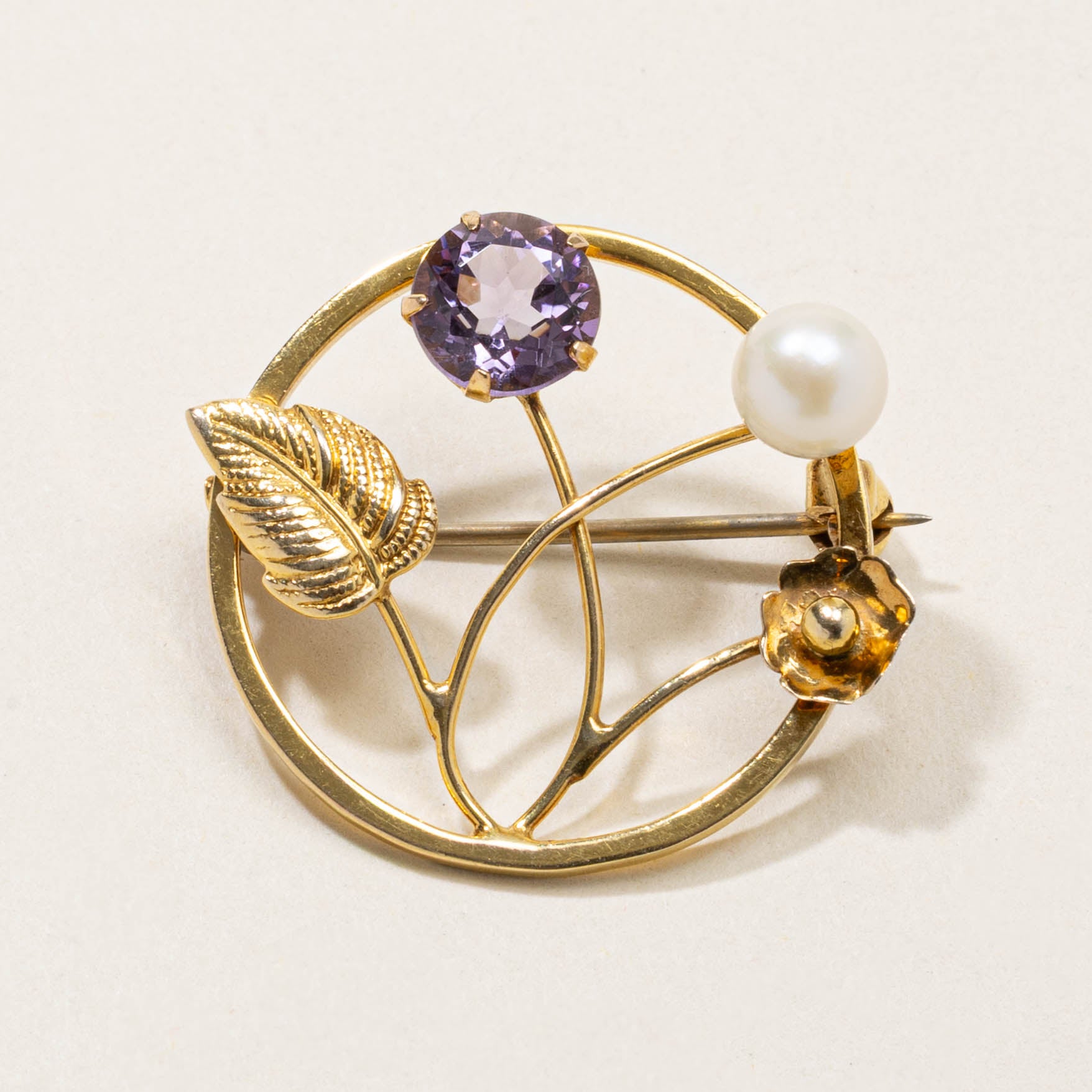 1965 Birmingham Amethyst & Pearl Floral Openwork Brooch | 1.03ct