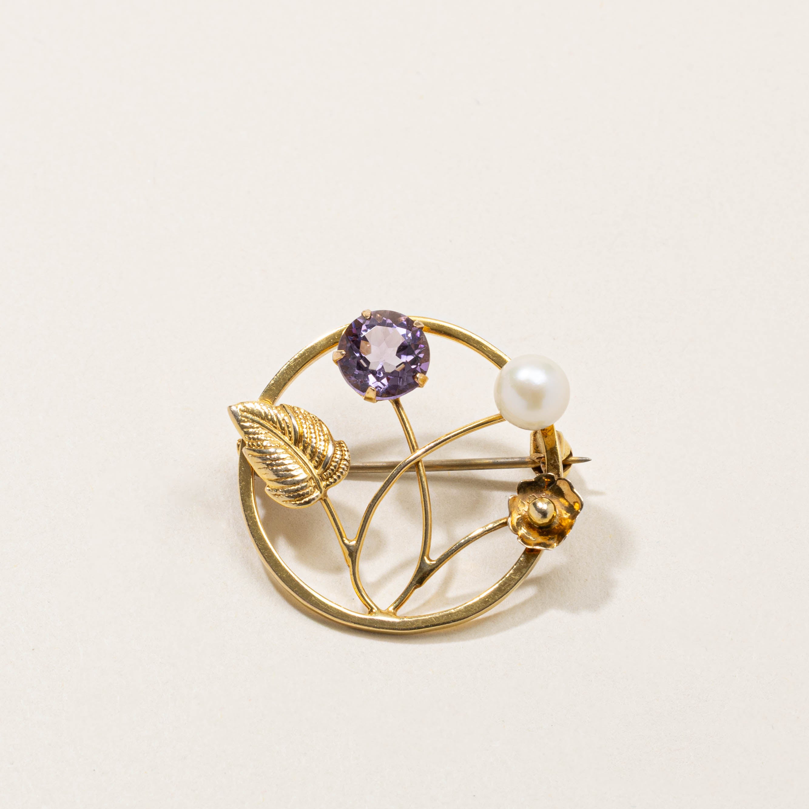 1965 Birmingham Amethyst & Pearl Floral Openwork Brooch | 1.03ct