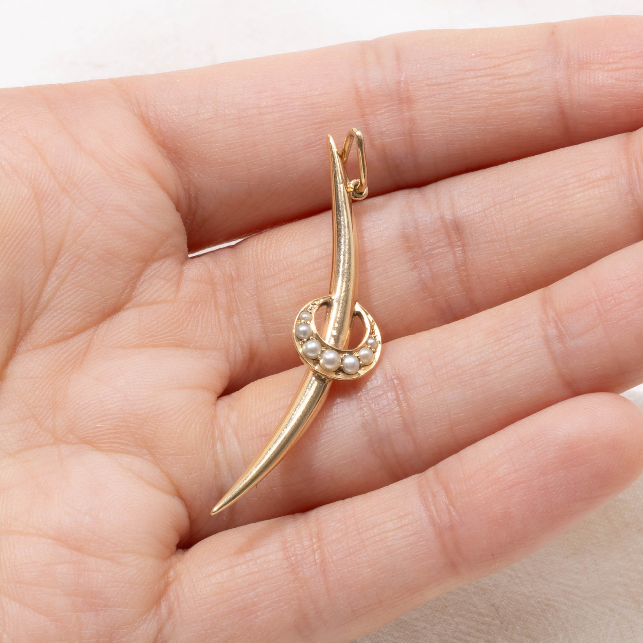 9k Seed Pearl Abstract Moon Pendant