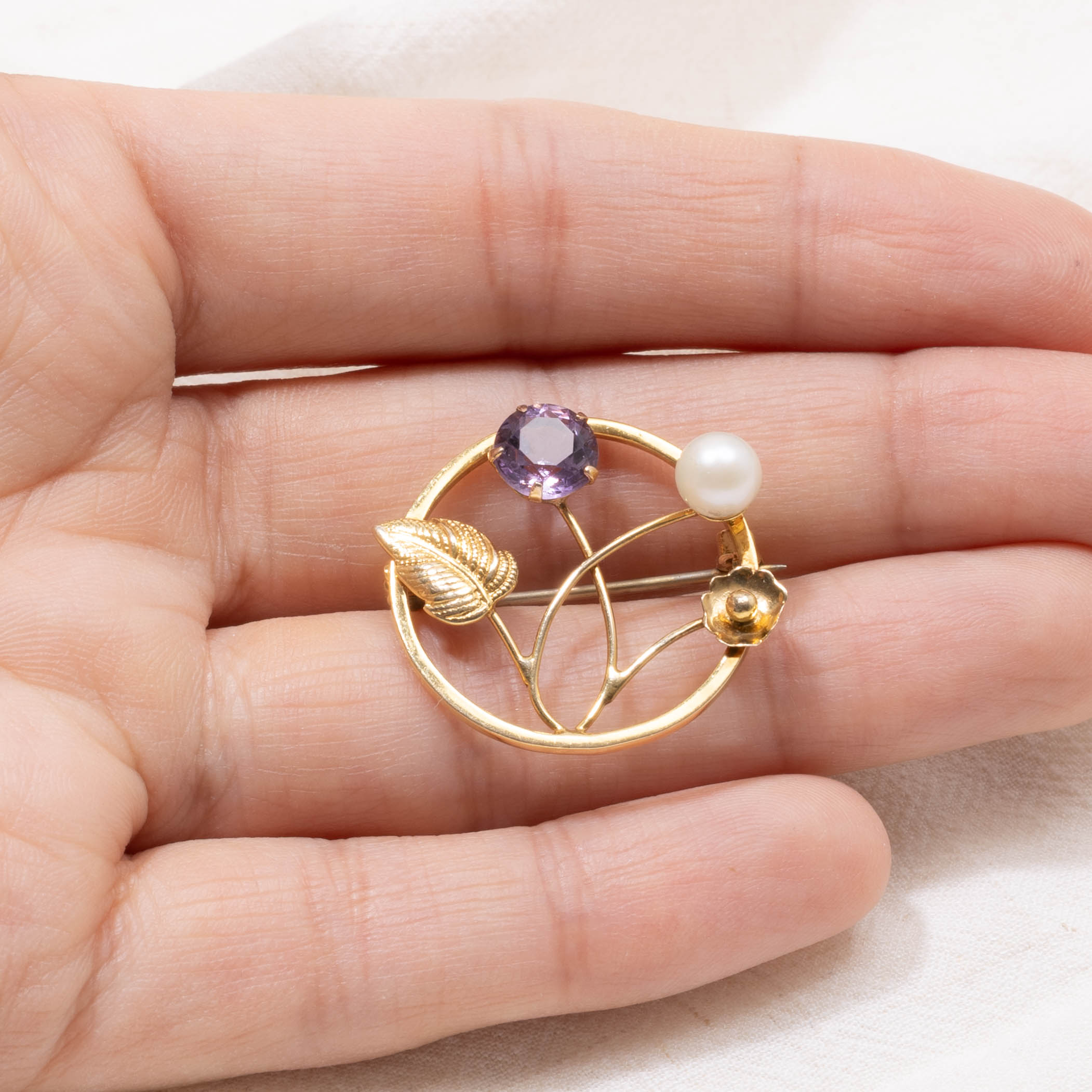 1965 Birmingham Amethyst & Pearl Floral Openwork Brooch | 1.03ct