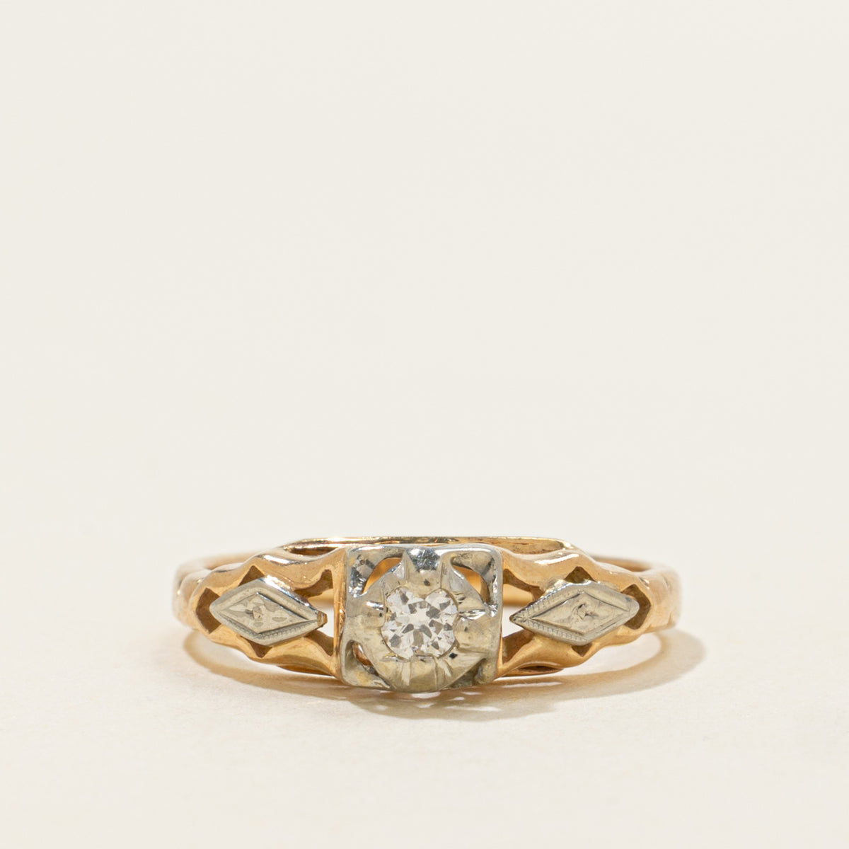 14k Two Tone Solitaire Diamond Openwork Geometric Ring | SZ 2.75