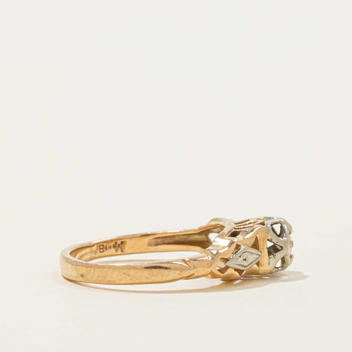 14k Two Tone Solitaire Diamond Openwork Geometric Ring | SZ 2.75