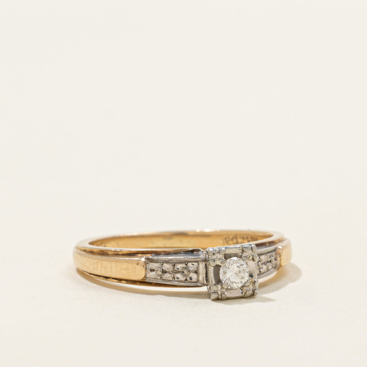 14k Two Tone Solitaire Diamond Textured Ring | SZ 5.75