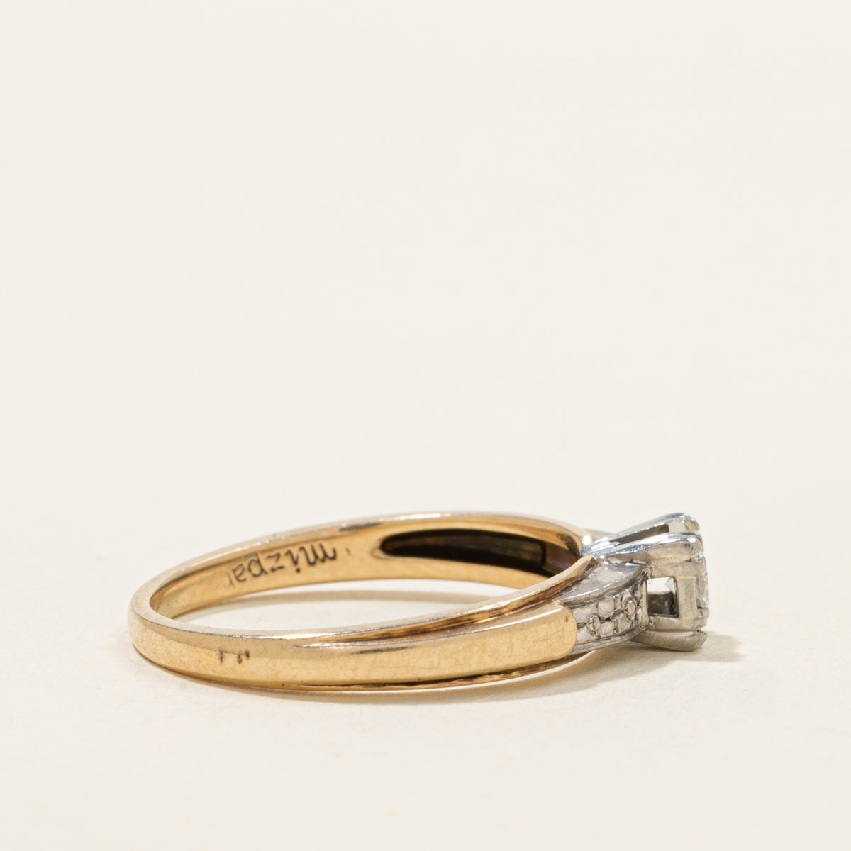 14k Two Tone Solitaire Diamond Textured Ring | SZ 5.75