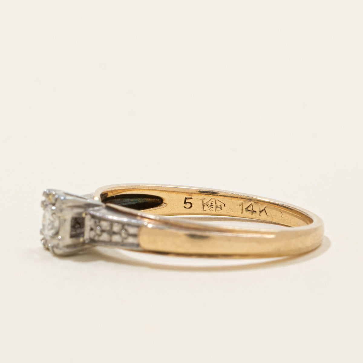 14k Two Tone Solitaire Diamond Textured Ring | SZ 5.75