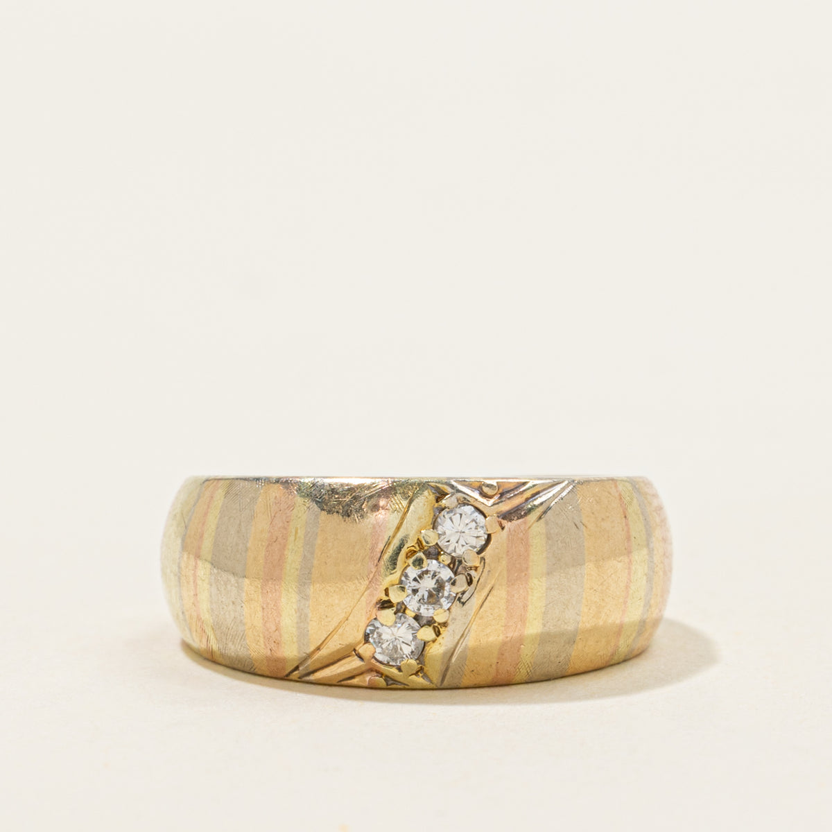 14k Tri Tone Three Stone Diamond Textured Band | 4.26mm | SZ 4.25