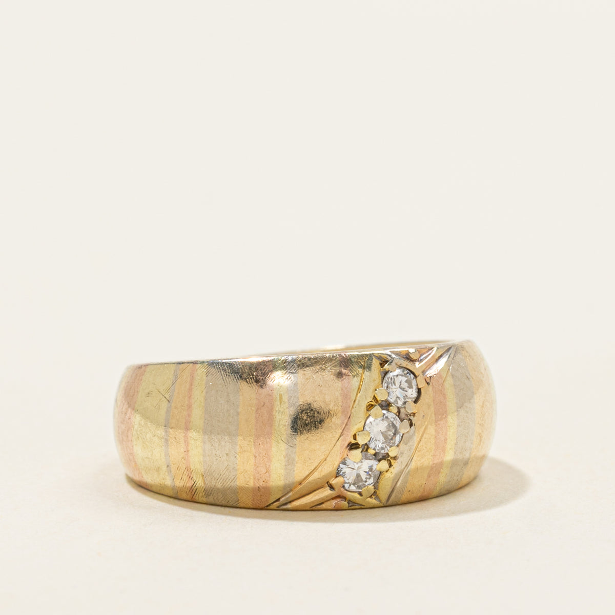 14k Tri Tone Three Stone Diamond Textured Band | 4.26mm | SZ 4.25