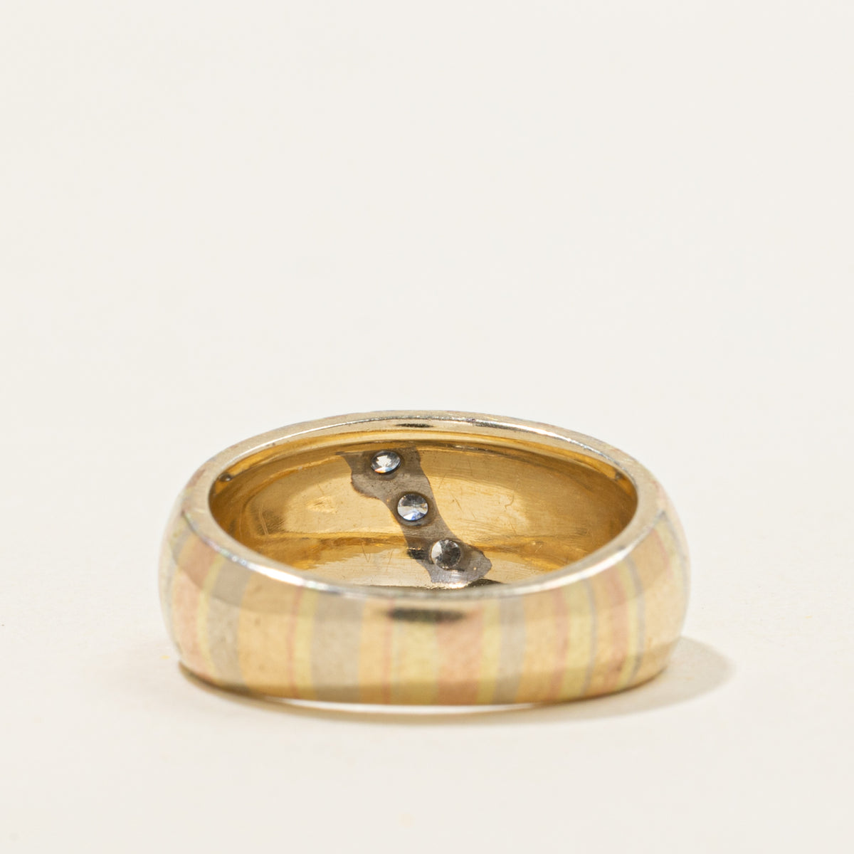 14k Tri Tone Three Stone Diamond Textured Band | 4.26mm | SZ 4.25
