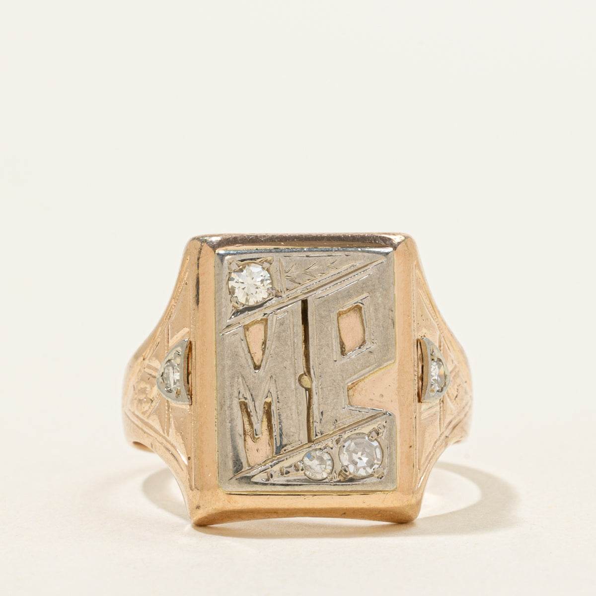 14k Two Tone Diamond "MP" Initial Signet Ring | SZ 10.25