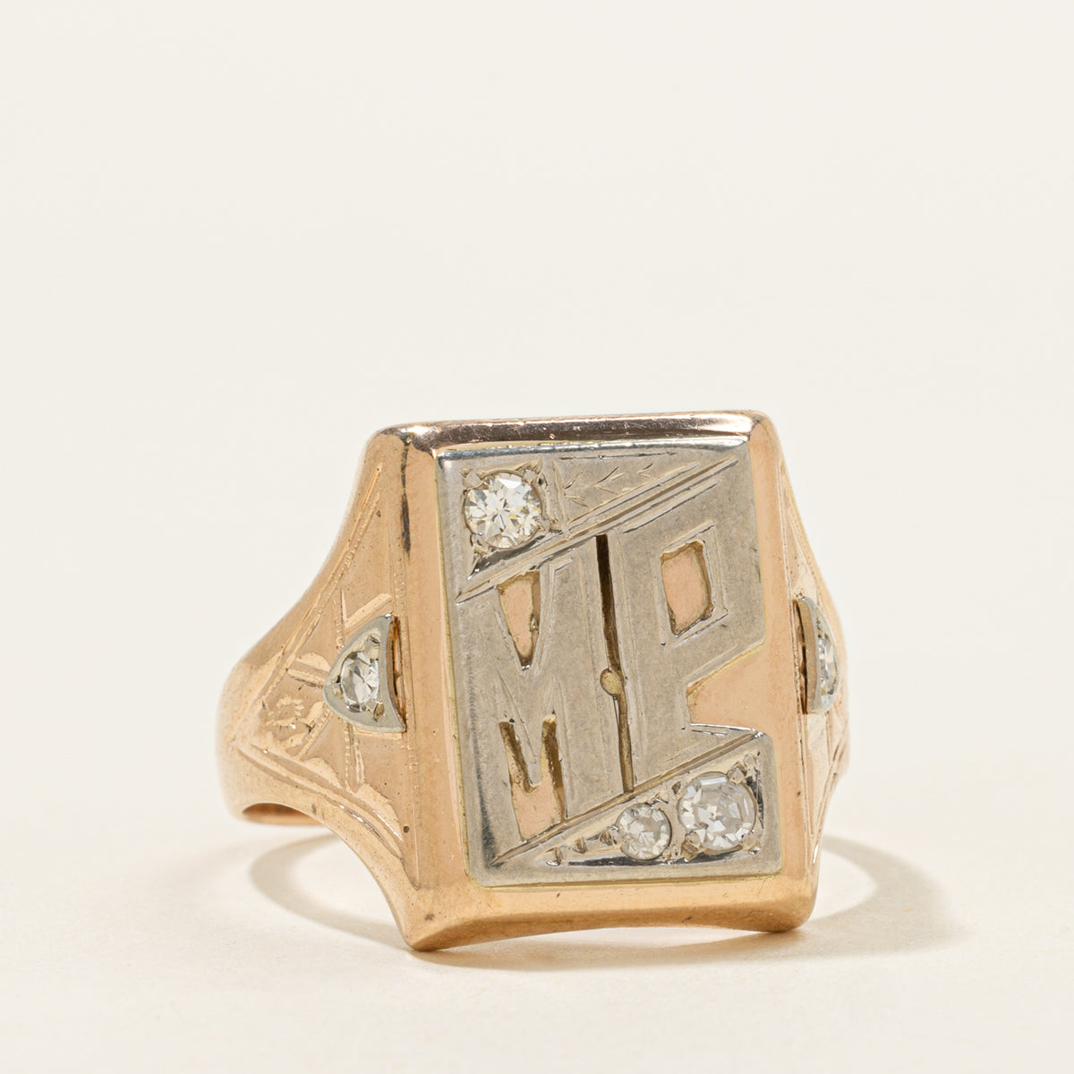 14k Two Tone Diamond "MP" Initial Signet Ring | SZ 10.25
