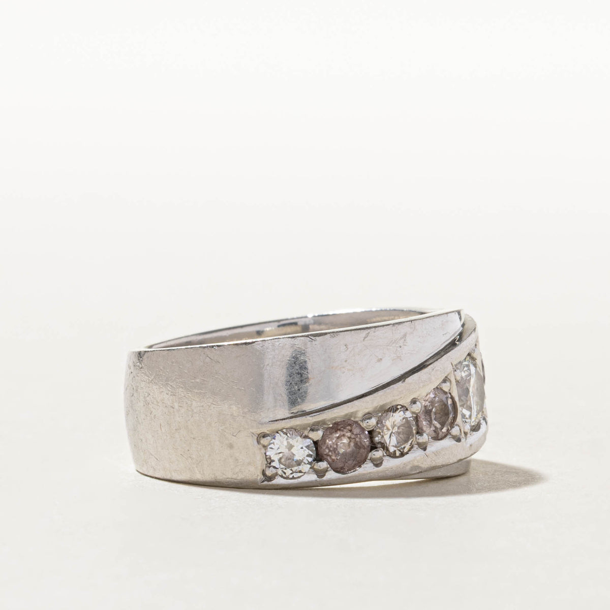 950 Platinum Diagonal Diamond & Morganite Grooved Band | 1.21ctw | 11.09mm | SZ 9.75