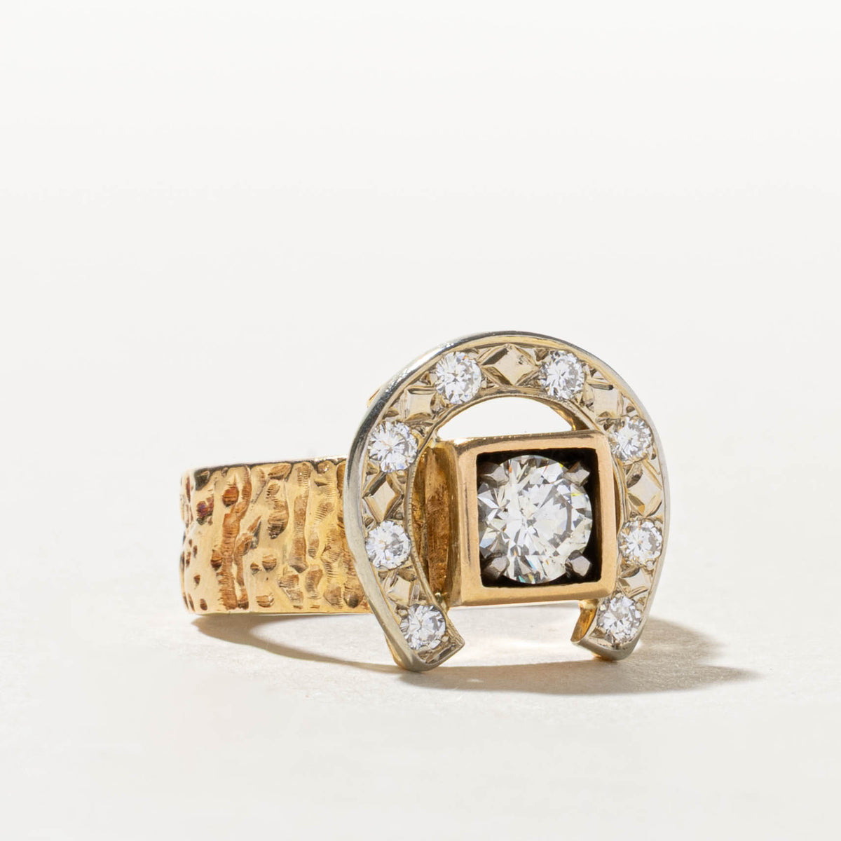 18k Two Tone Diamond Nuggety Horseshoe Ring | 0.56ct SI1 G/H, 0.28ctw | SZ 5.75