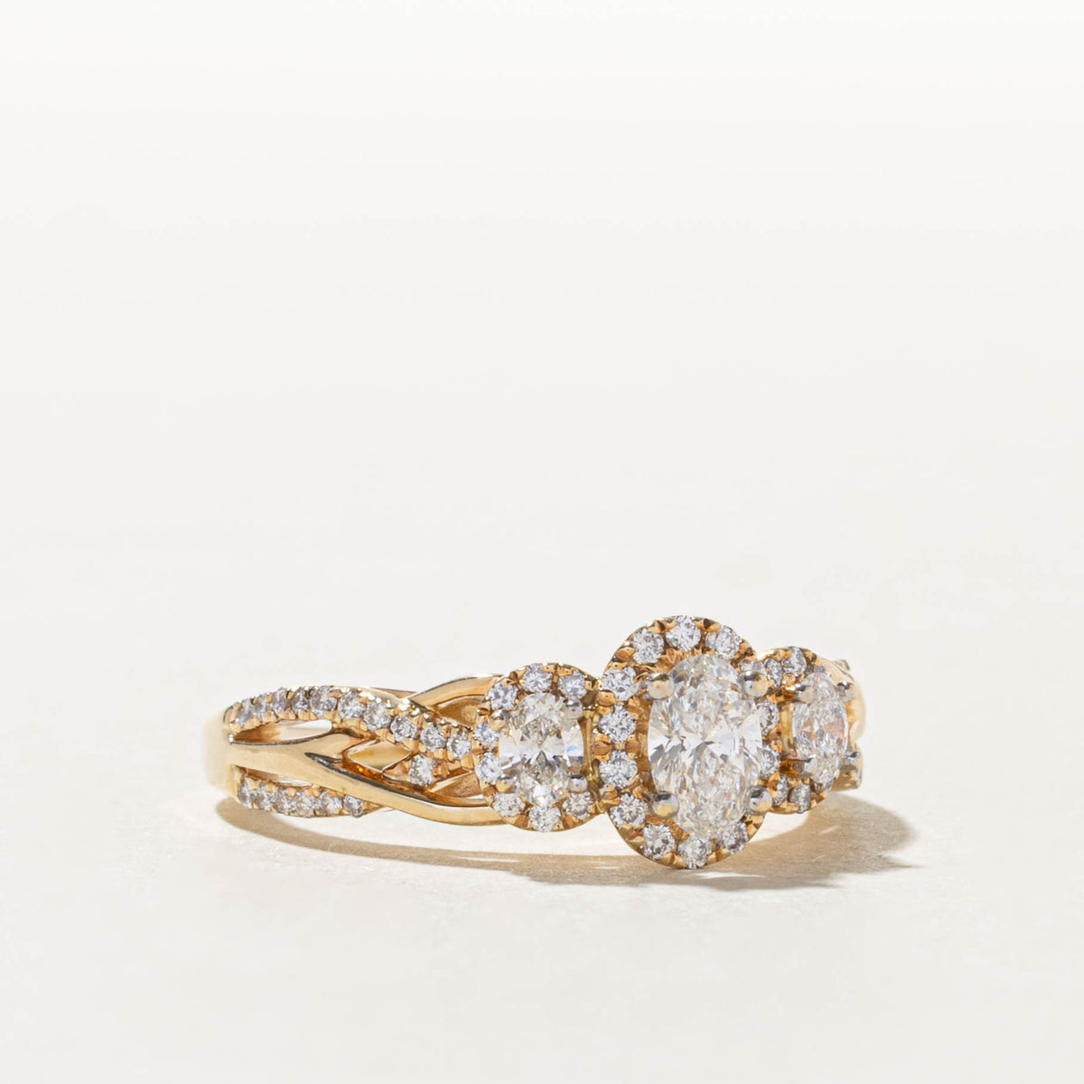 14k Three Stone Diamond Halo Cross Over Ring | 1.06ctw, 0.04ctw | SZ 9.25