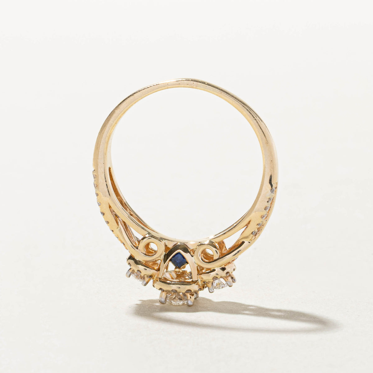 14k Three Stone Diamond Halo Cross Over Ring | 1.06ctw, 0.04ctw | SZ 9.25