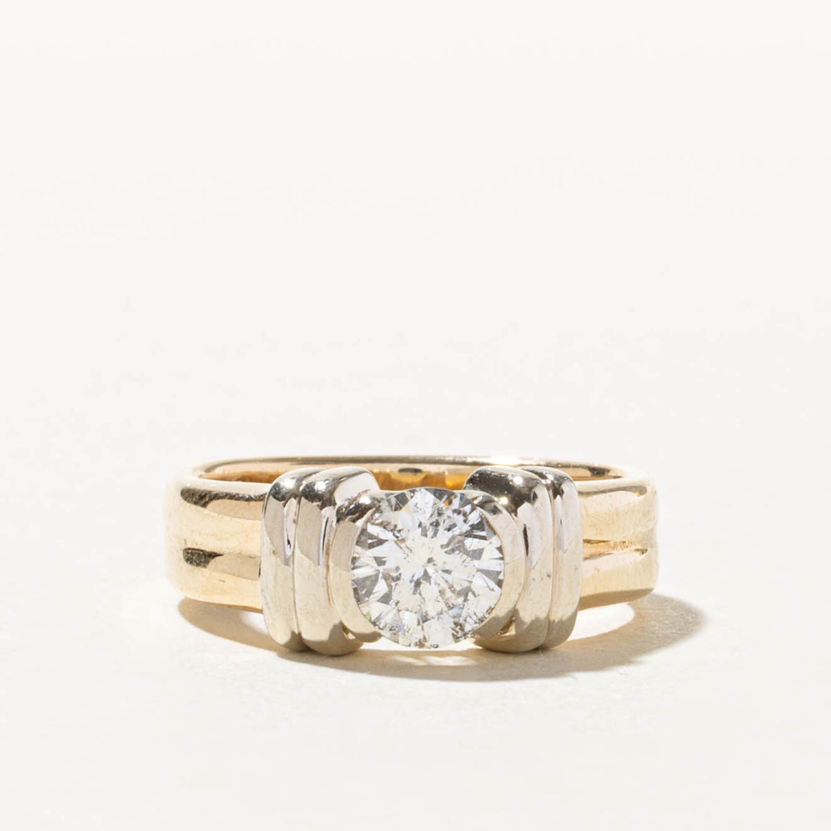 14k Two Tone Solitaire Semi Bezel Diamond Grooved Ring | 0.83ct I2 I | SZ 5.5