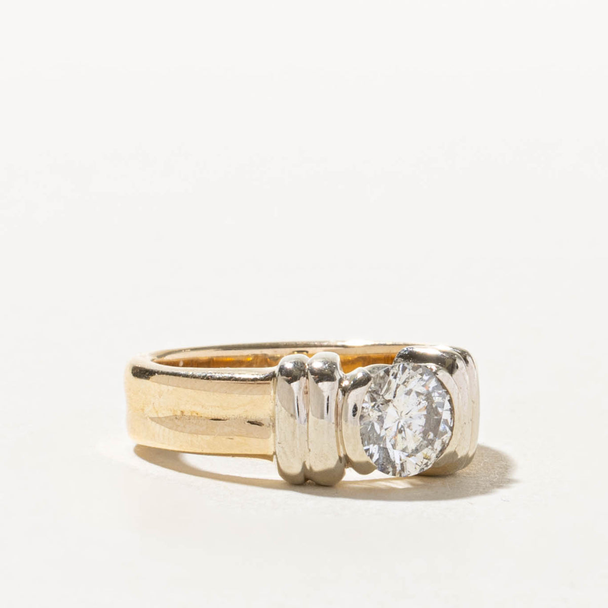 14k Two Tone Solitaire Semi Bezel Diamond Grooved Ring | 0.83ct I2 I | SZ 5.5