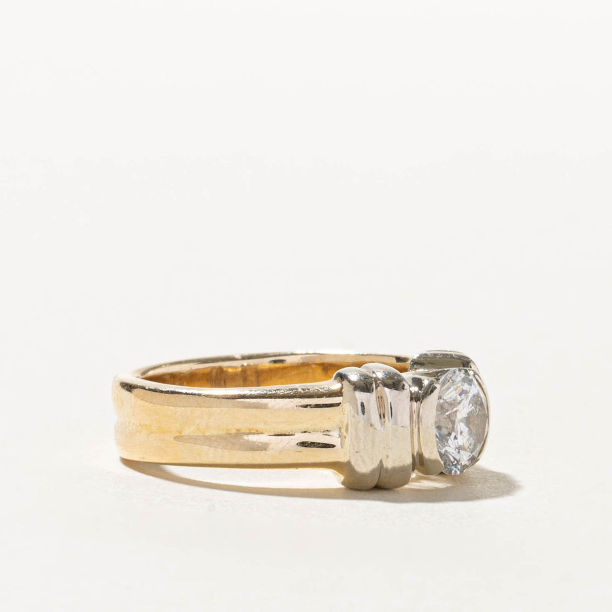 14k Two Tone Solitaire Semi Bezel Diamond Grooved Ring | 0.83ct I2 I | SZ 5.5