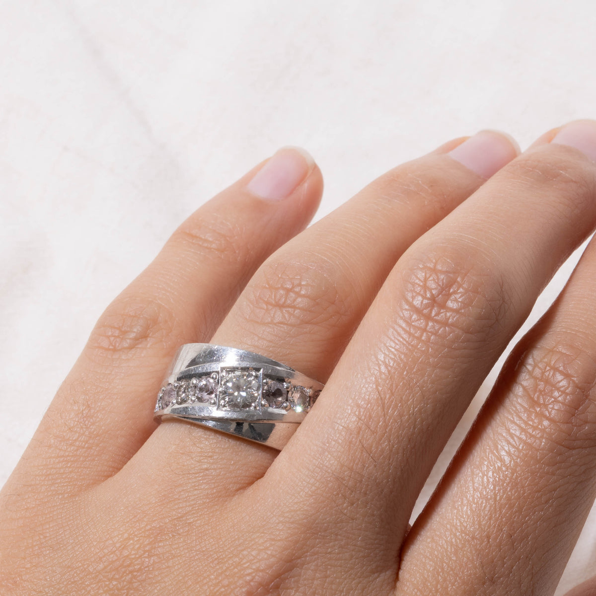 950 Platinum Diagonal Diamond & Morganite Grooved Band | 1.21ctw | 11.09mm | SZ 9.75
