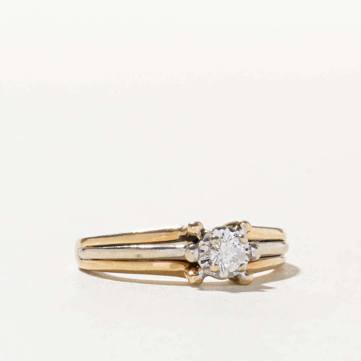 14k Two Tone Solitaire Diamond Grooved Ring | 0.15ct | SZ 7.25