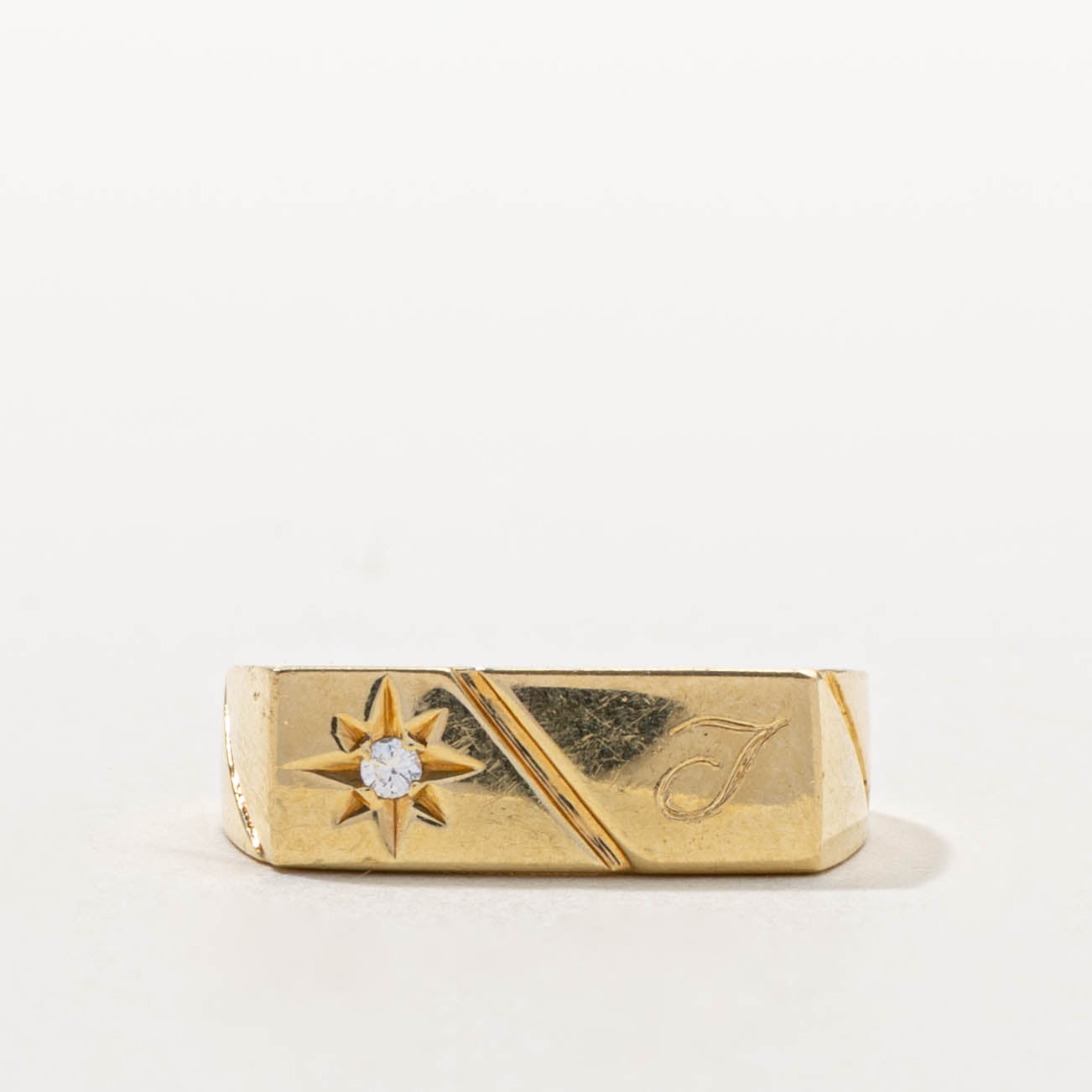 18k Star Set Diamond "J" Initial Signet Ring | SZ 5