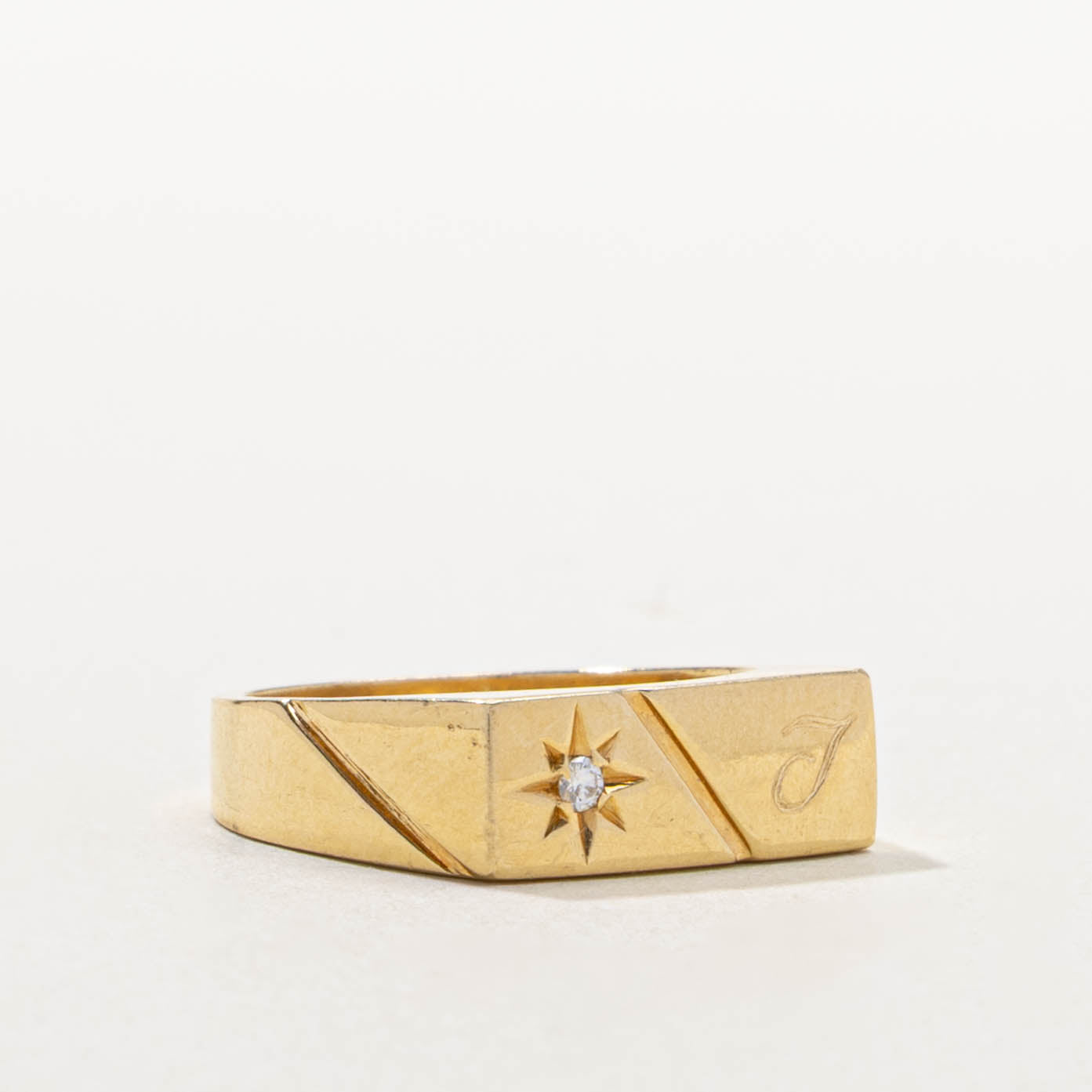 18k Star Set Diamond "J" Initial Signet Ring | SZ 5