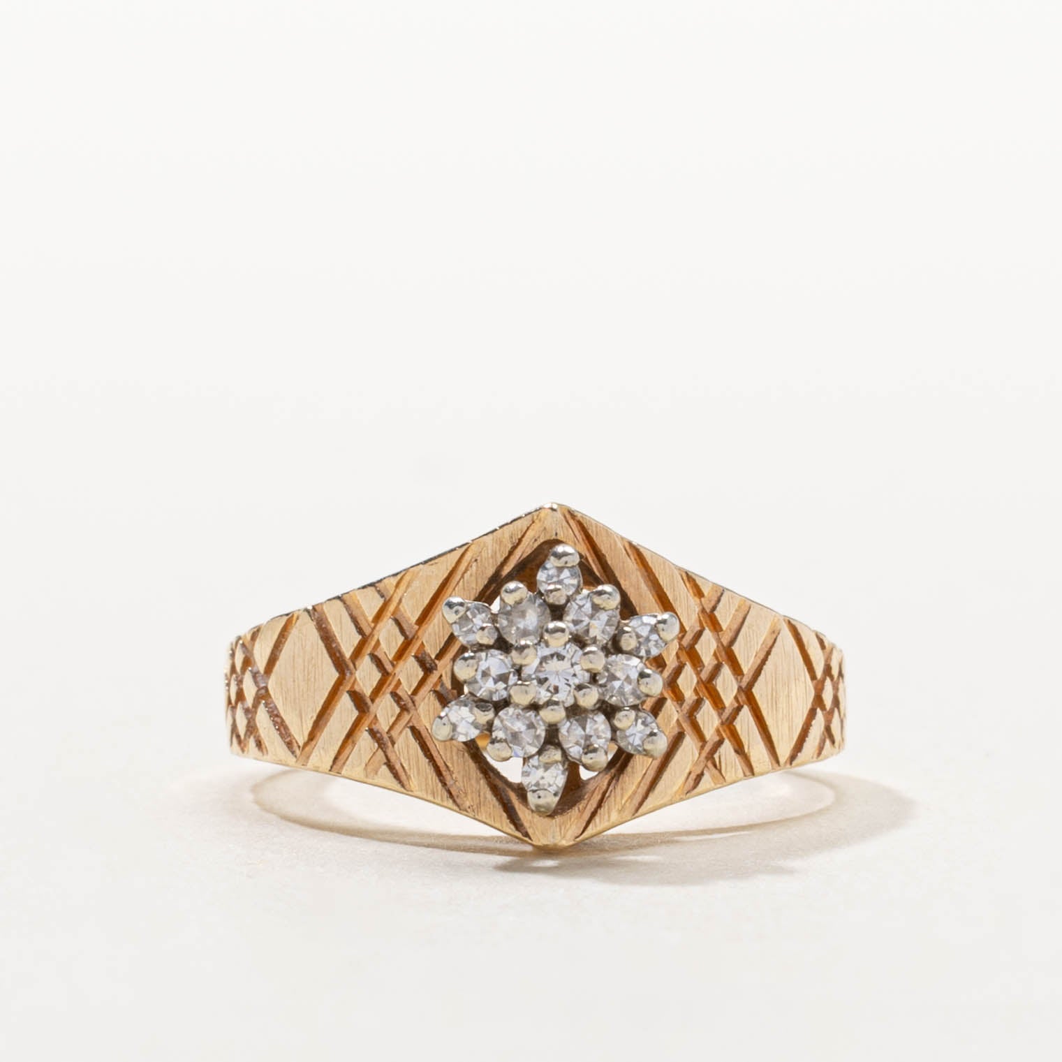 14k Diamond Floral Cluster Engraved Tapered Ring | SZ 5.75