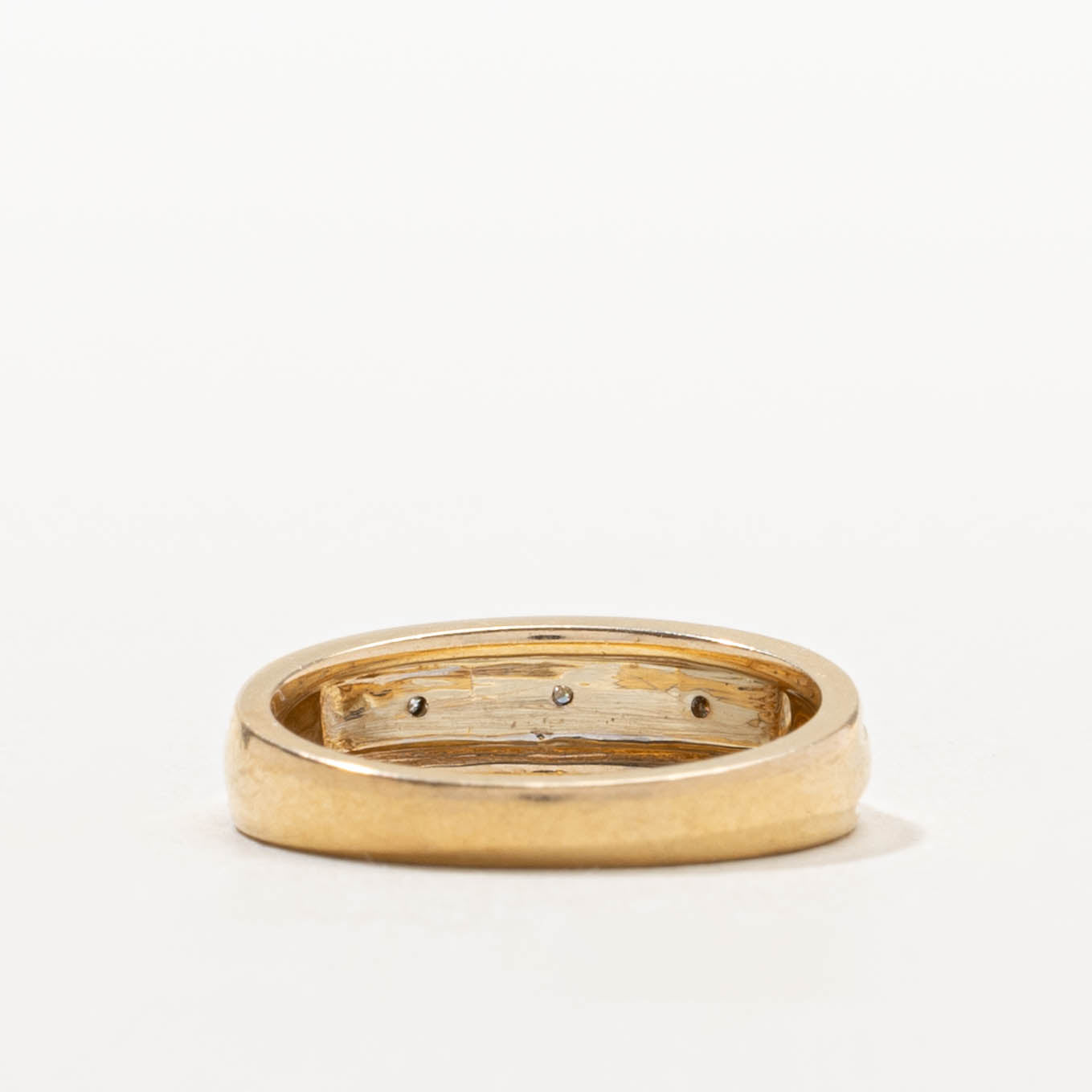 14k Two Tone Gold Three Stone Diamond Grooved Band | SZ 4