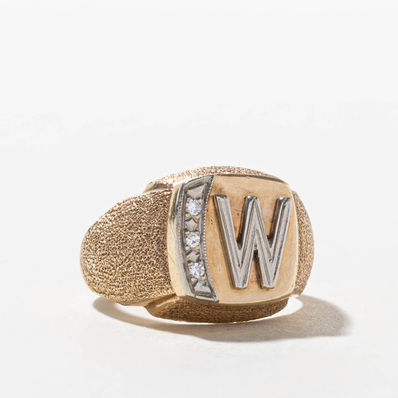10k Diamond "W" Initial Textured Signet Ring | SZ 6.25