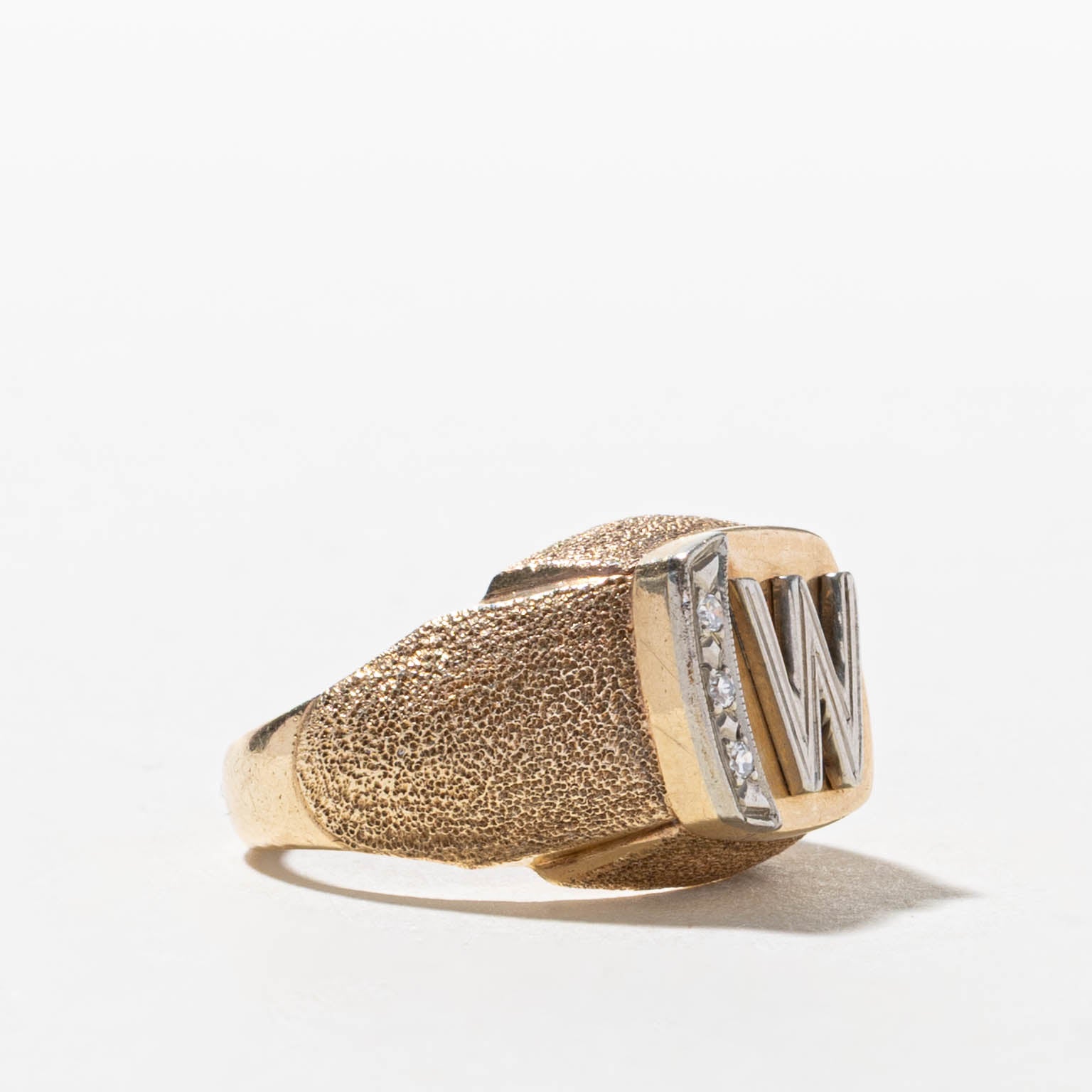 10k Diamond "W" Initial Textured Signet Ring | SZ 6.25