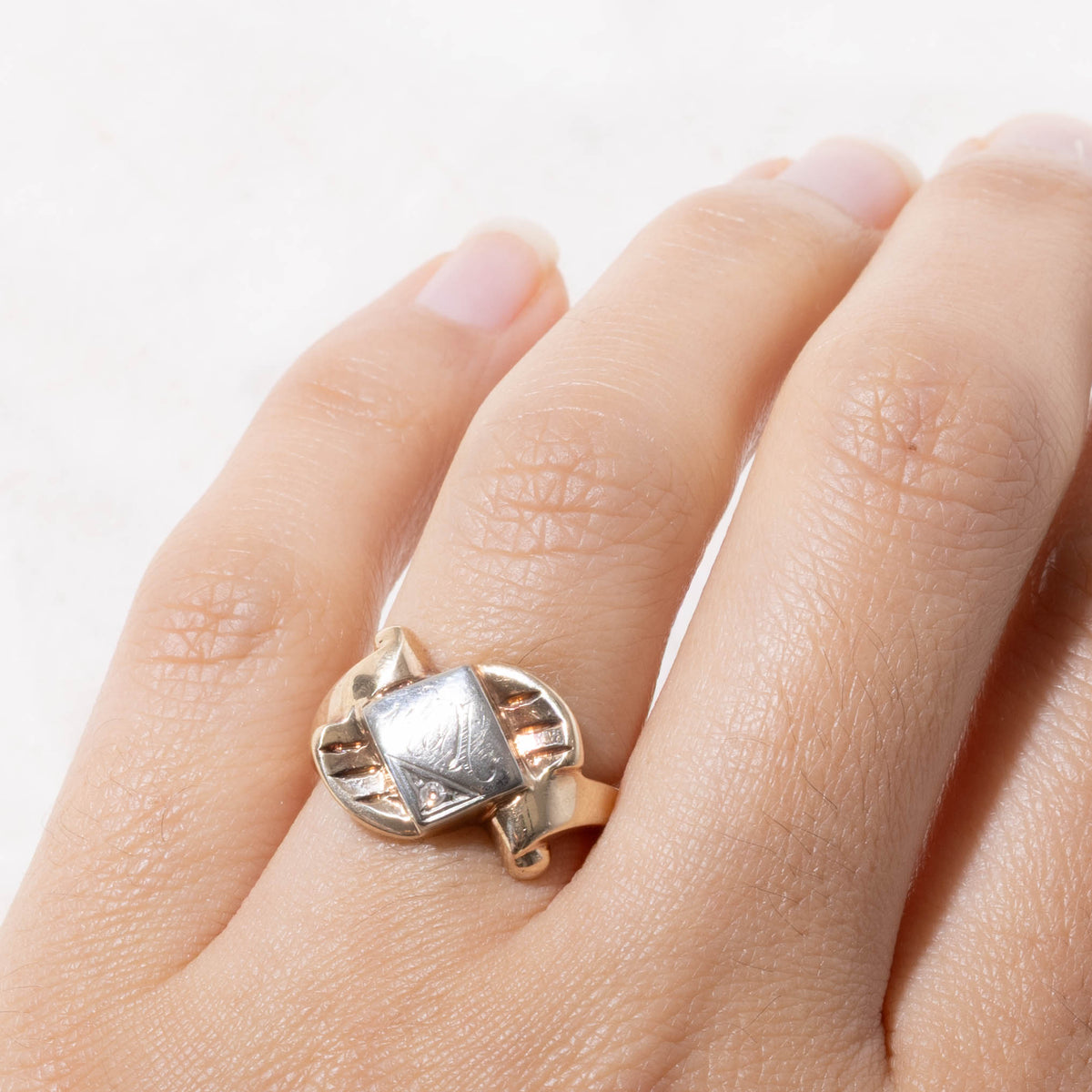 10k Two Tone Gold Diamond Engraved Abstract Ring | SZ 6