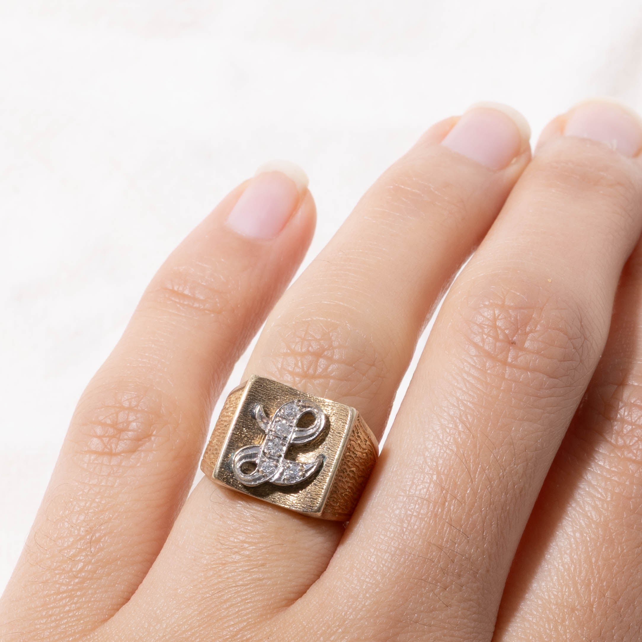 10k Diamond "L" Initial Textured Signet Ring | SZ 4.25