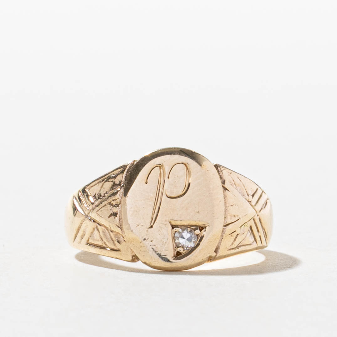 10k Corner Diamond "P" Initial Engraved Signet Ring | SZ 3