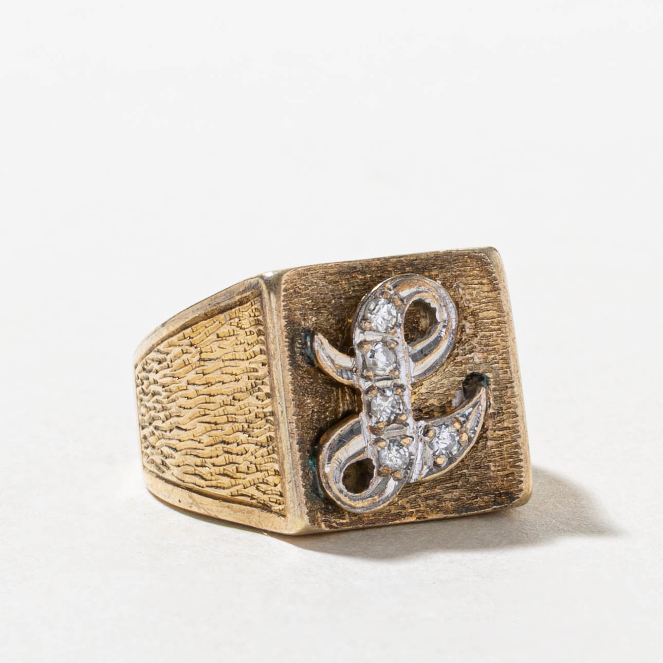 10k Diamond "L" Initial Textured Signet Ring | SZ 4.25