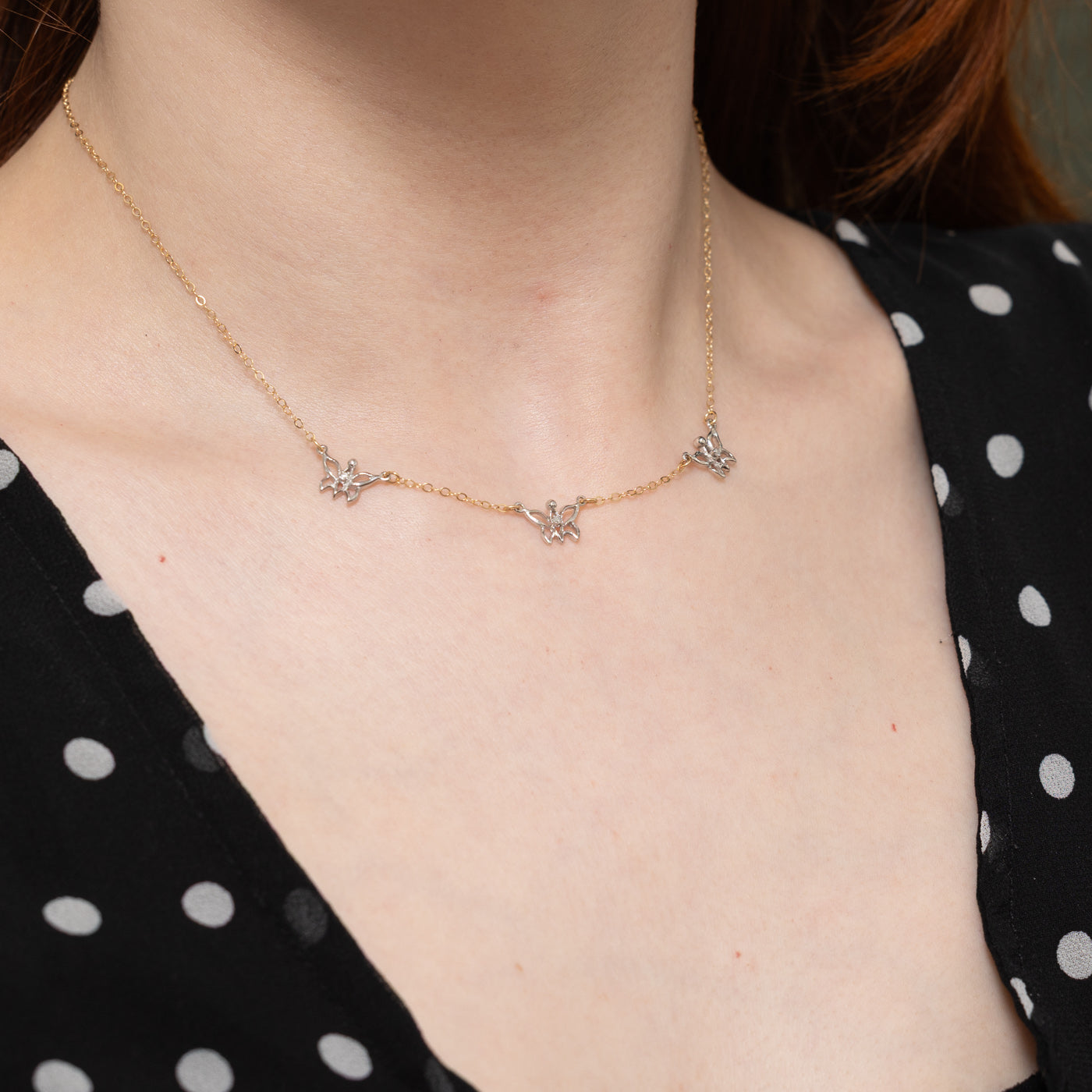14k Two Tone Diamond Satellite Butterfly Pendant Necklace | 15"