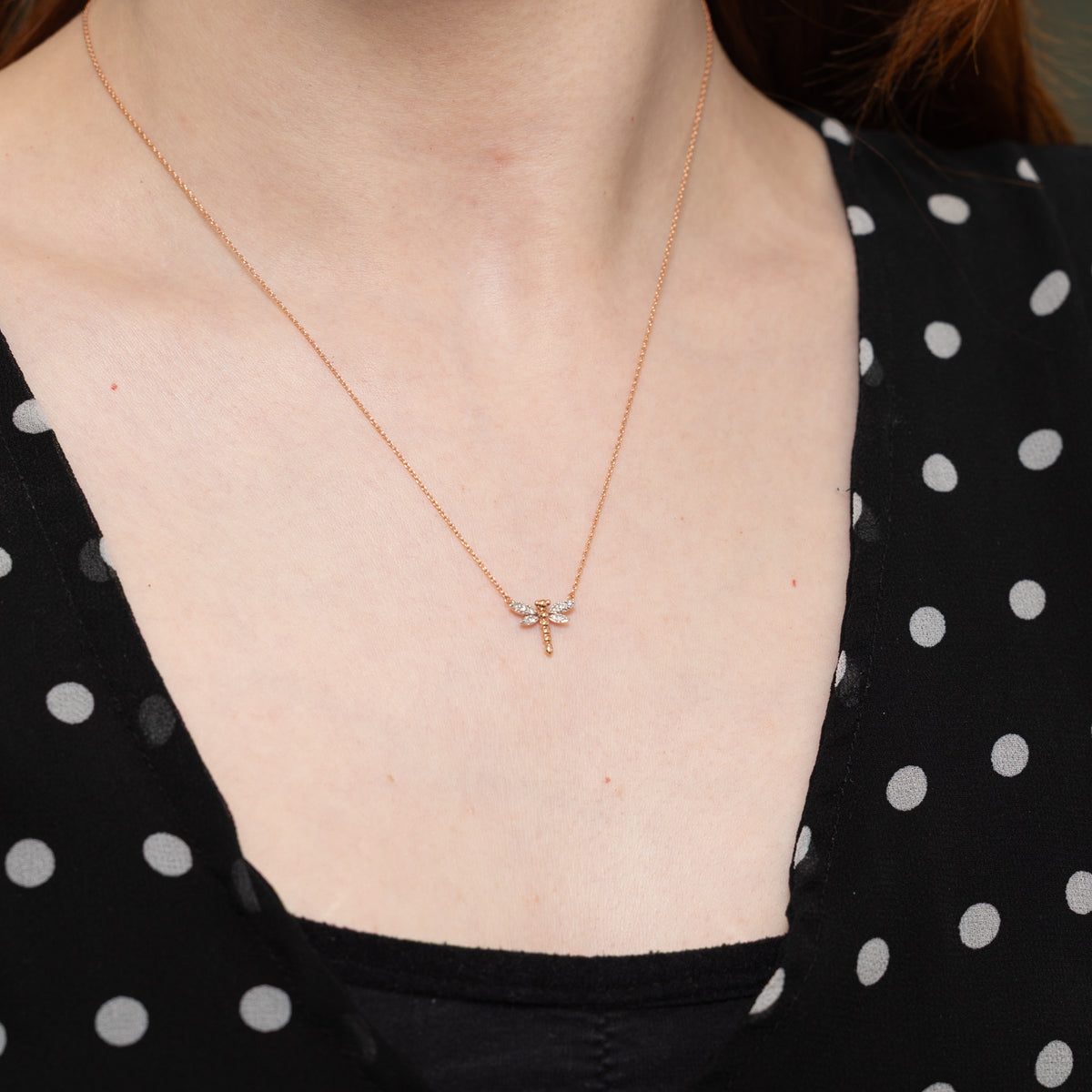 10k Rose Gold Diamond Dragonfly Pendant Necklace | 17"