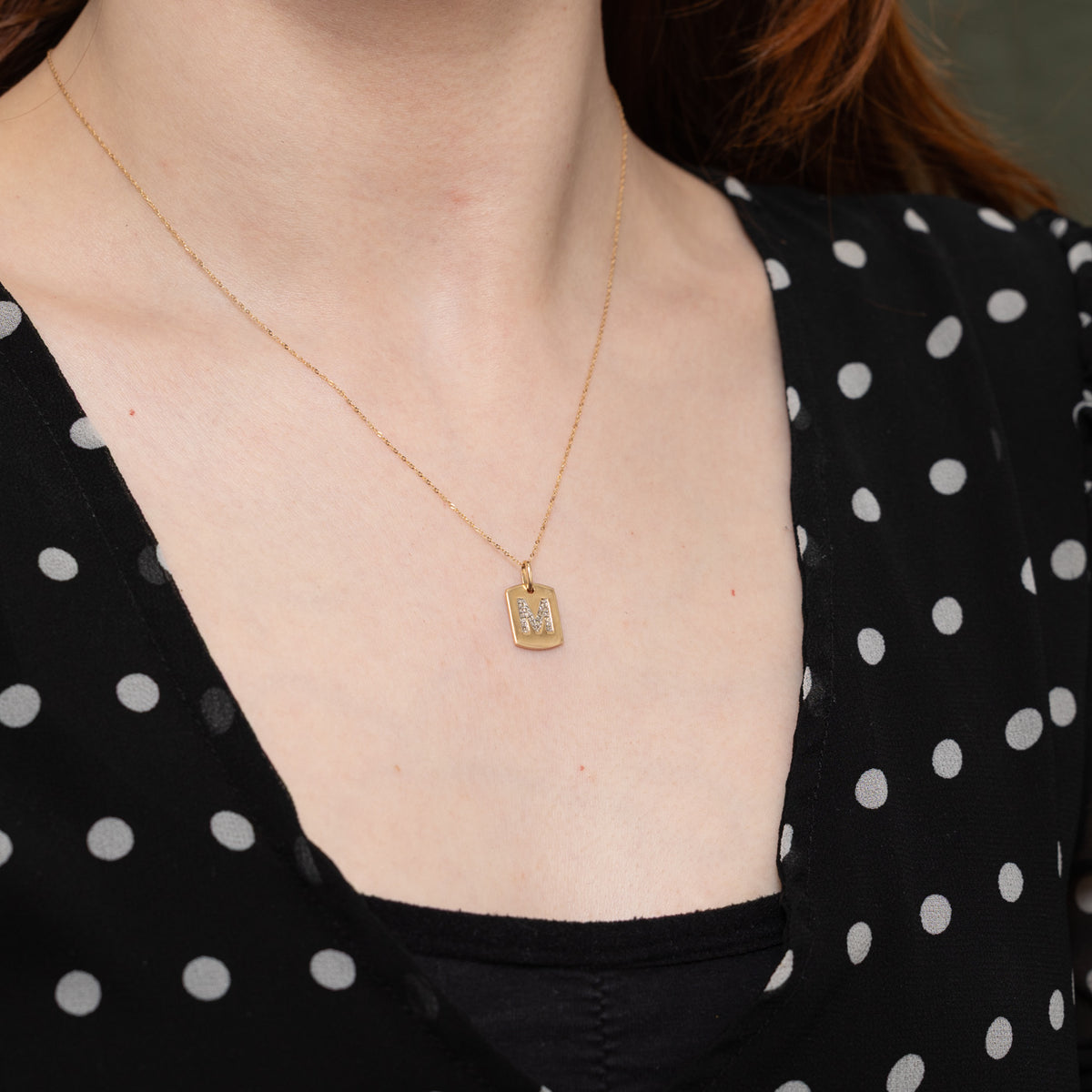 10k Diamond “M” Initial Tag Pendant Necklace | 17"