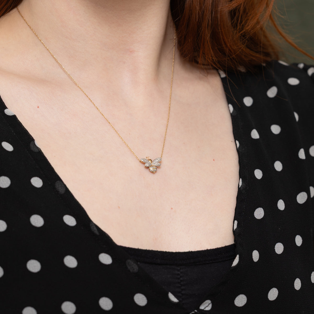 10k Pave Set Diamond Bee Pendant Necklace | 18"