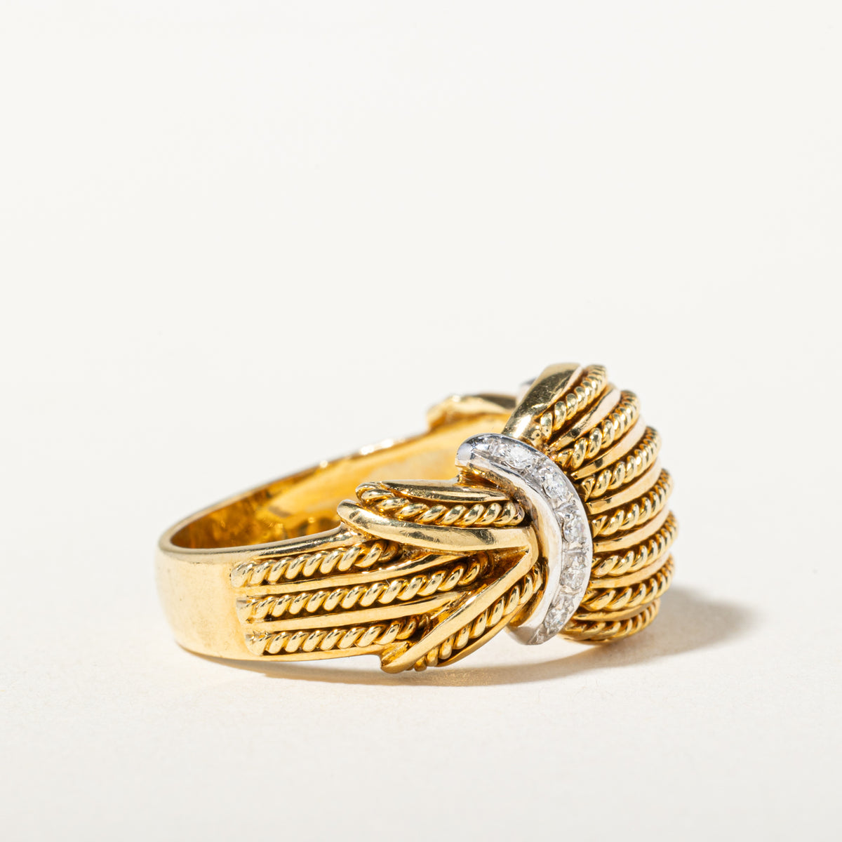 18k Diamond Accented Rope Textured Pinched Dome Ring | SZ 7