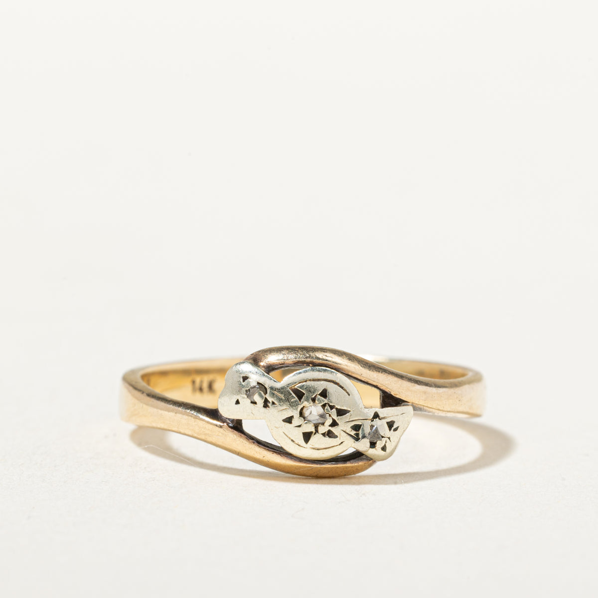14k Two Tone Star Set Rose Cut Diamond Bypass Ring | SZ 7