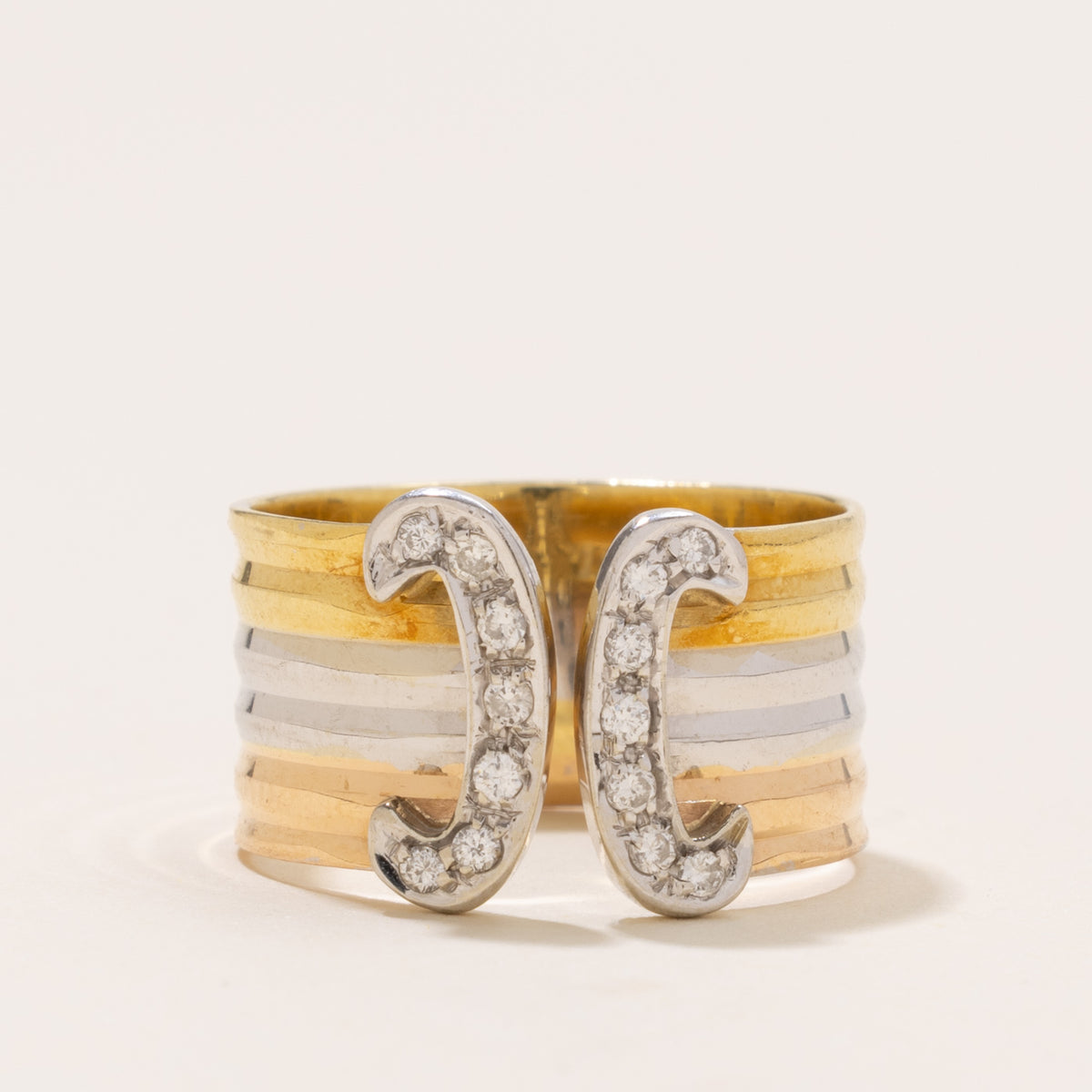 Italian Tri Tone Diamond Double C Grooved Ring | SZ 7