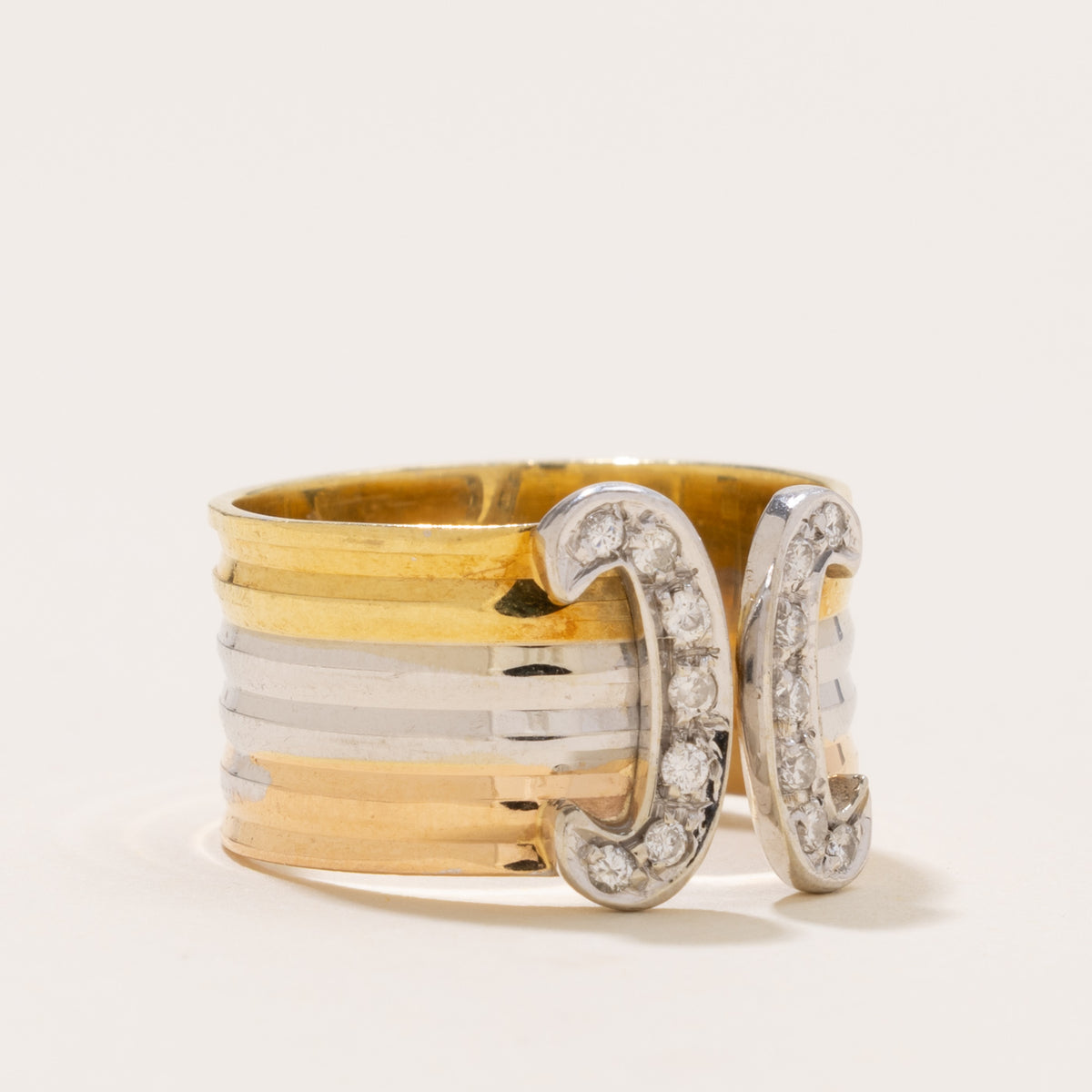 Italian Tri Tone Diamond Double C Grooved Ring | SZ 7