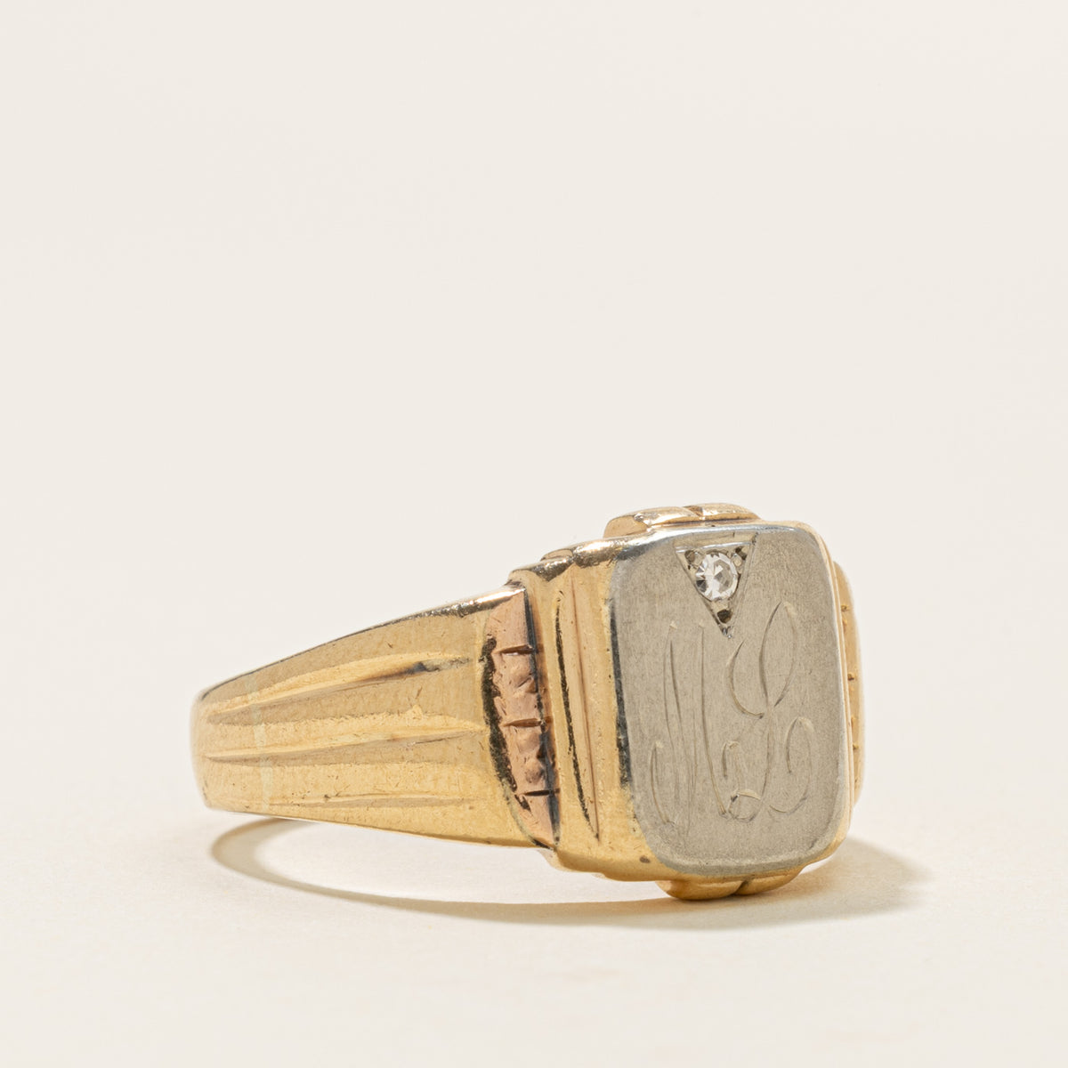 10k Two Tone Diamond Engraved "ML" Initial Signet Ring | SZ 10
