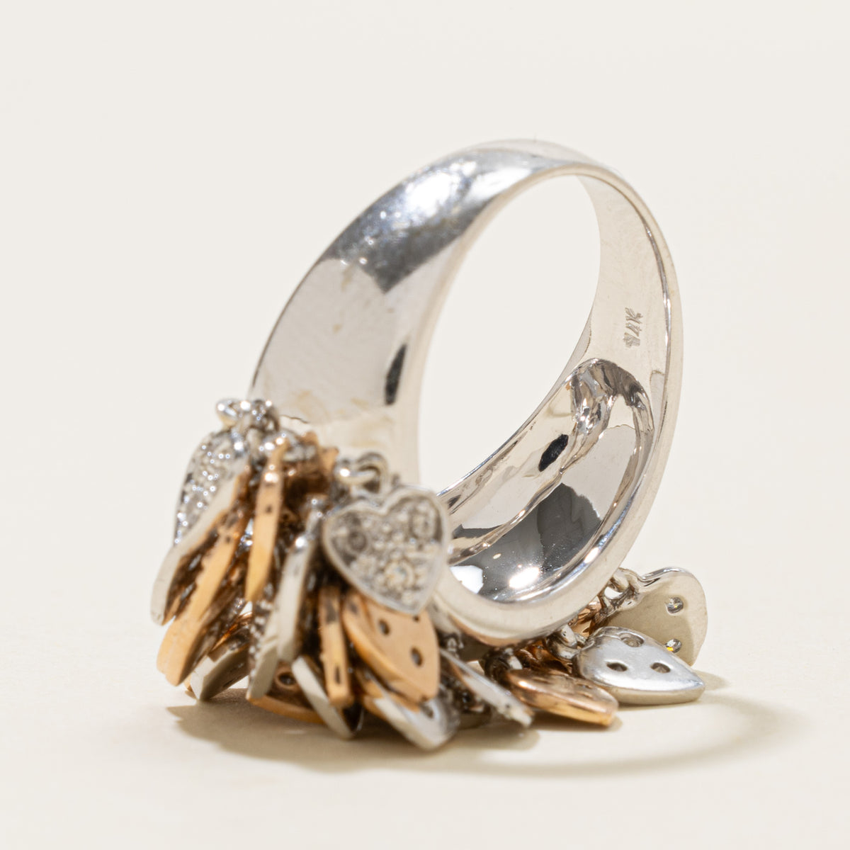 14k Two Tone Diamond Cluster Heart Charms Cocktail Ring | SZ 6.75