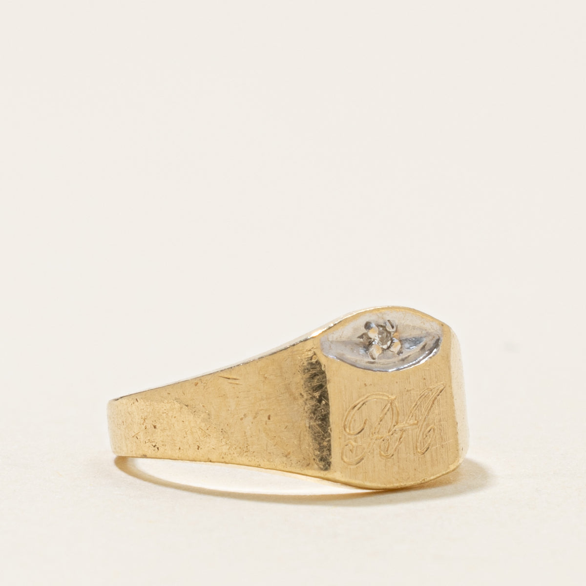 14k Illusion Set Diamond Engraved "PA" Initial Signet Ring | SZ 2.25